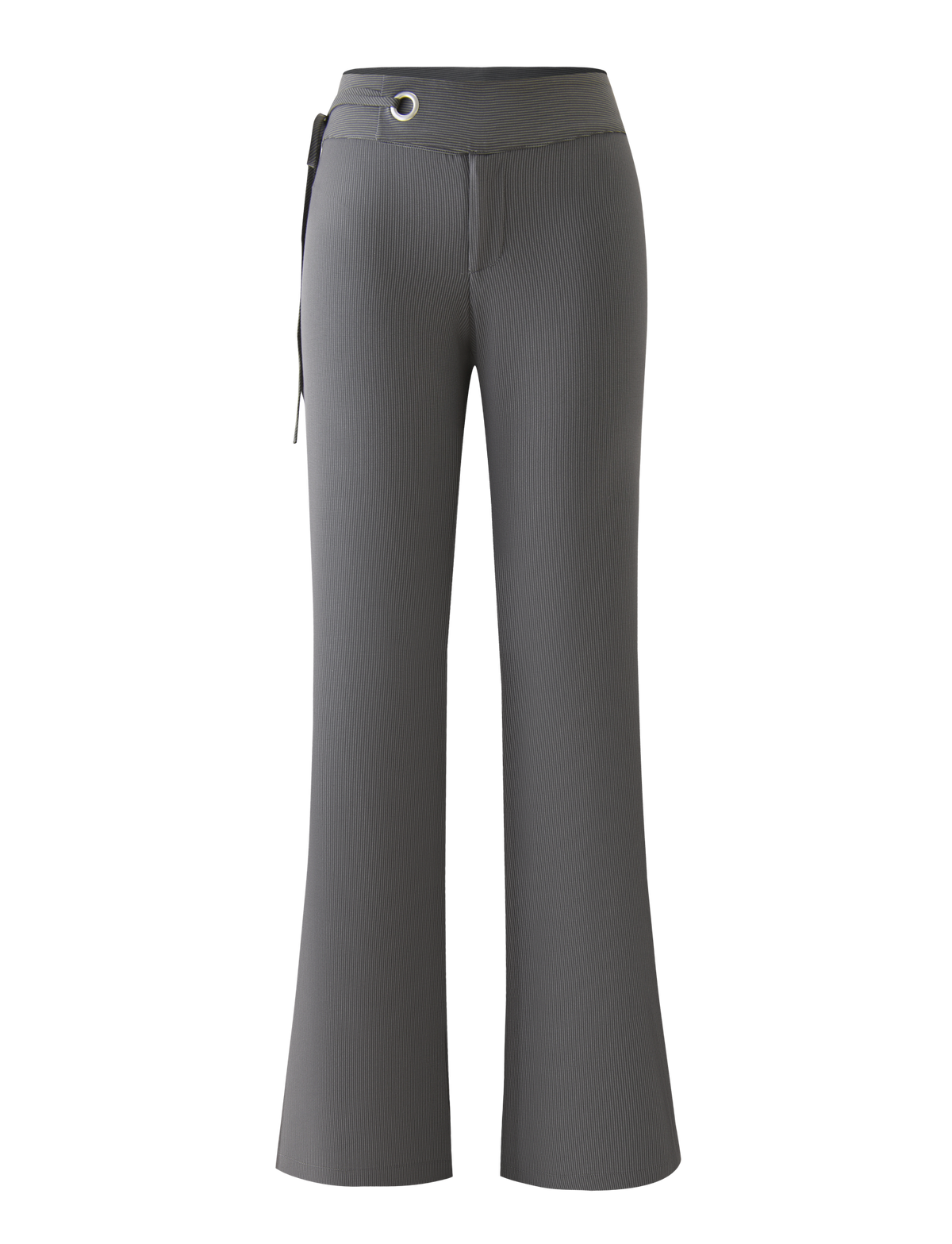 The EMORY PANT - GREY PINSTRIPE by TIGERMIST features a high-waisted, wide-leg design with subtle texture, a wide belt with a large metallic grommet, and a sleek, tailored fit for a modern look.