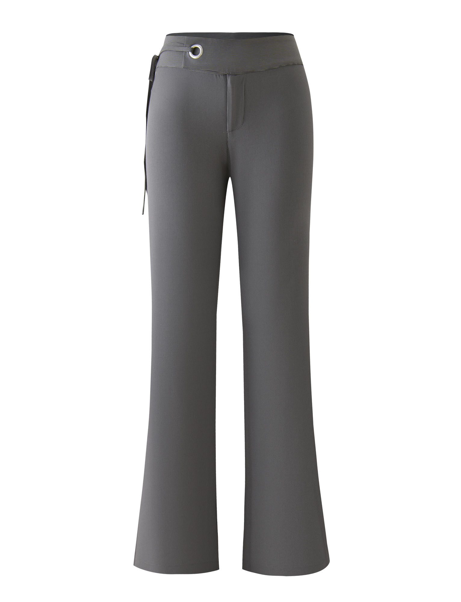 The EMORY PANT - GREY PINSTRIPE by TIGERMIST features a high-waisted, wide-leg design with subtle texture, a wide belt with a large metallic grommet, and a sleek, tailored fit for a modern look.