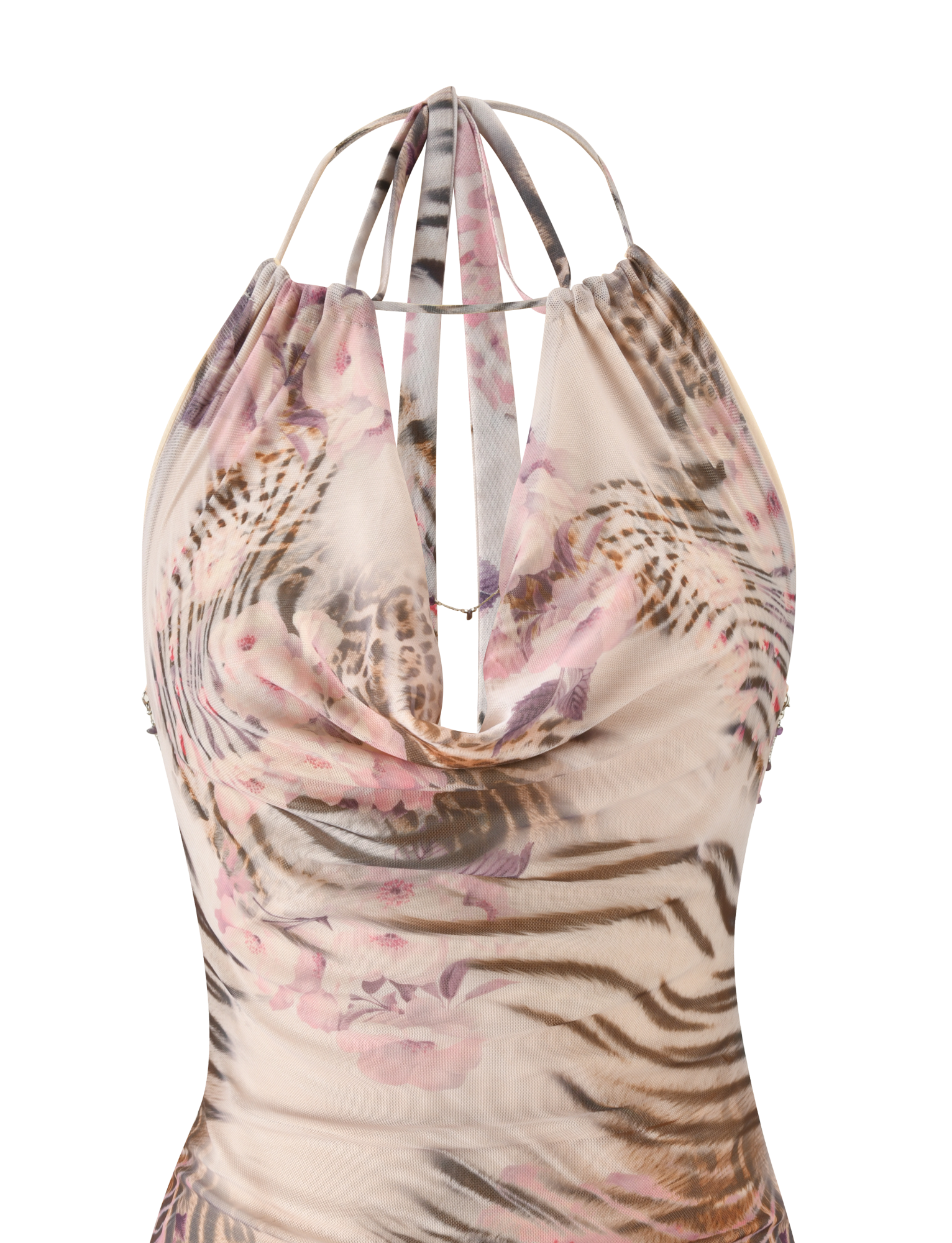 The SHANE MINI DRESS - MOODY ANIMAL FLORAL by TIGERMIST is a sleeveless mini dress with a halter neck and draped cowl neckline, featuring sheer fabric with pink animal stripes and light floral prints on a beige base.