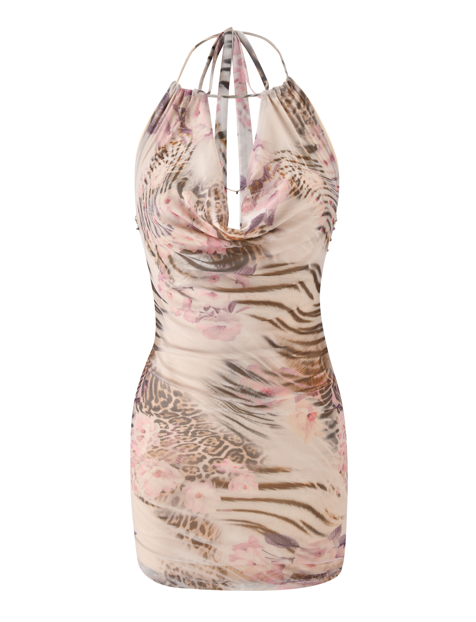 The SHANE MINI DRESS - MOODY ANIMAL FLORAL by TIGERMIST is a halter neck bodycon mini dress with a cowl neckline, featuring a beige base with animal prints and soft pink florals for a flattering silhouette.