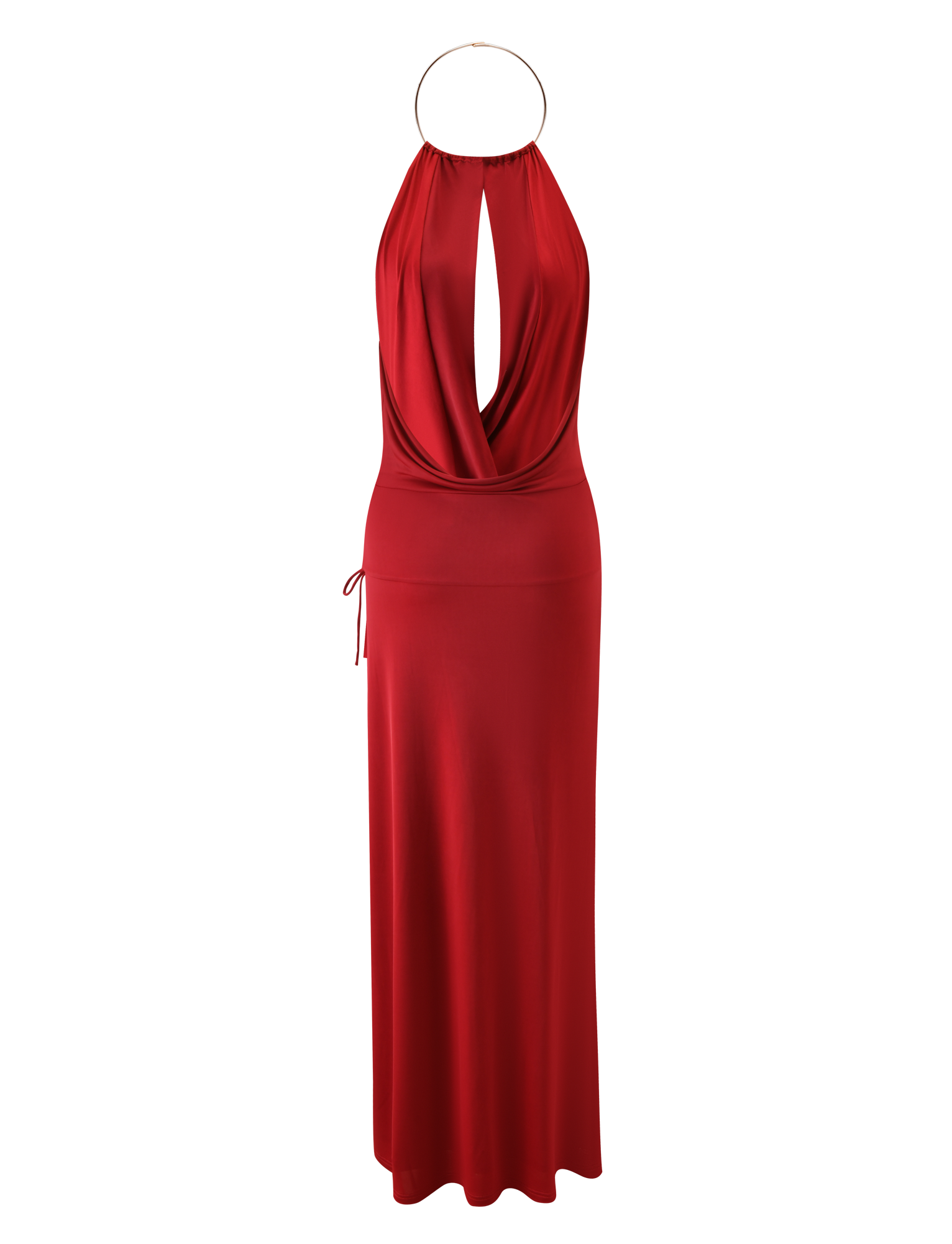 The TIGERMIST TARRIN MAXI DRESS - RED is a sleeveless maxi with a deep halter neckline, gold choker hardware, draped front, thigh-high slit, and fitted silhouette.