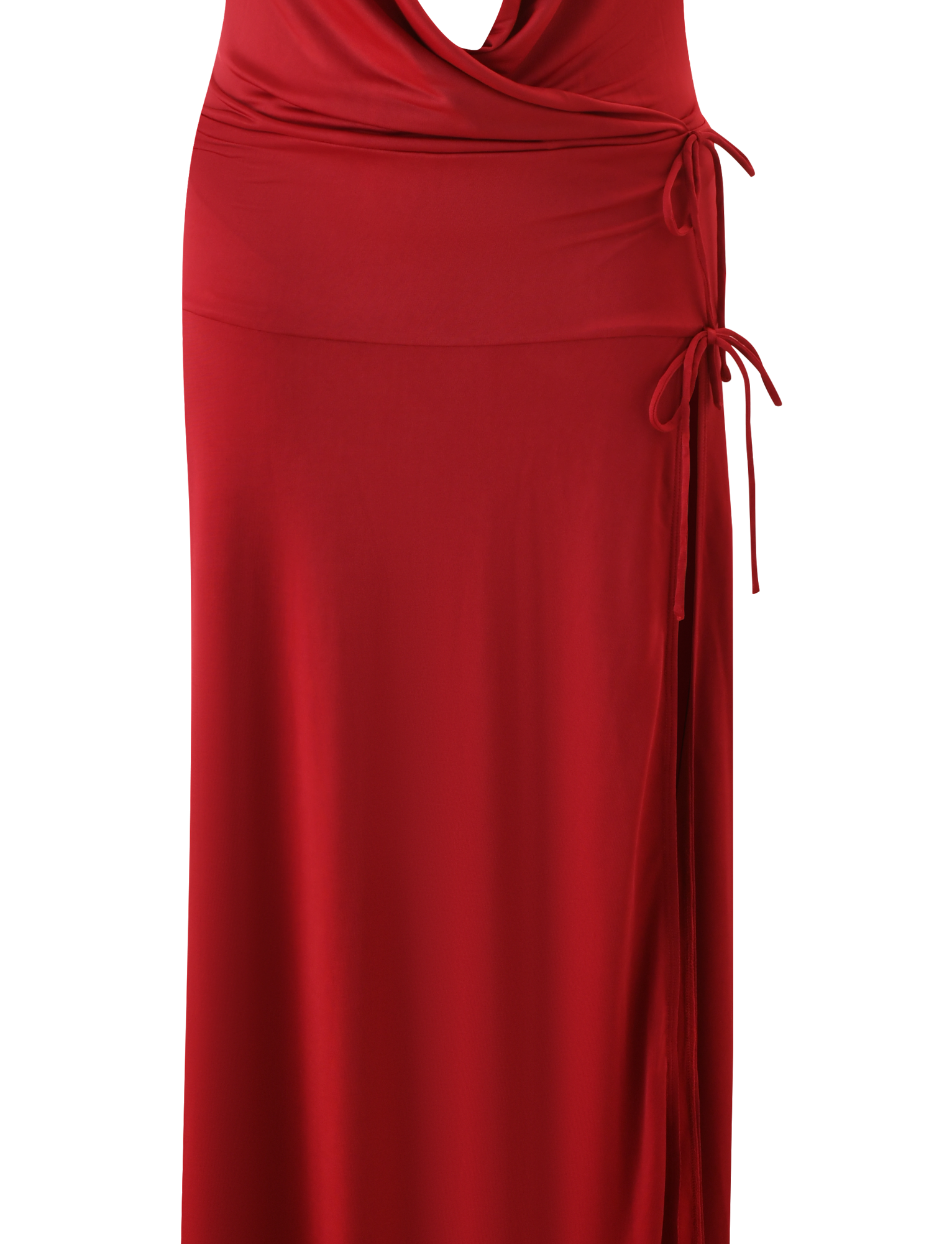 The TARRIN MAXI DRESS by TIGERMIST is a sleeveless red maxi dress featuring a draped cowl neckline, side tie waist detail, and a thigh-high slit, crafted from smooth, flowy fabric.