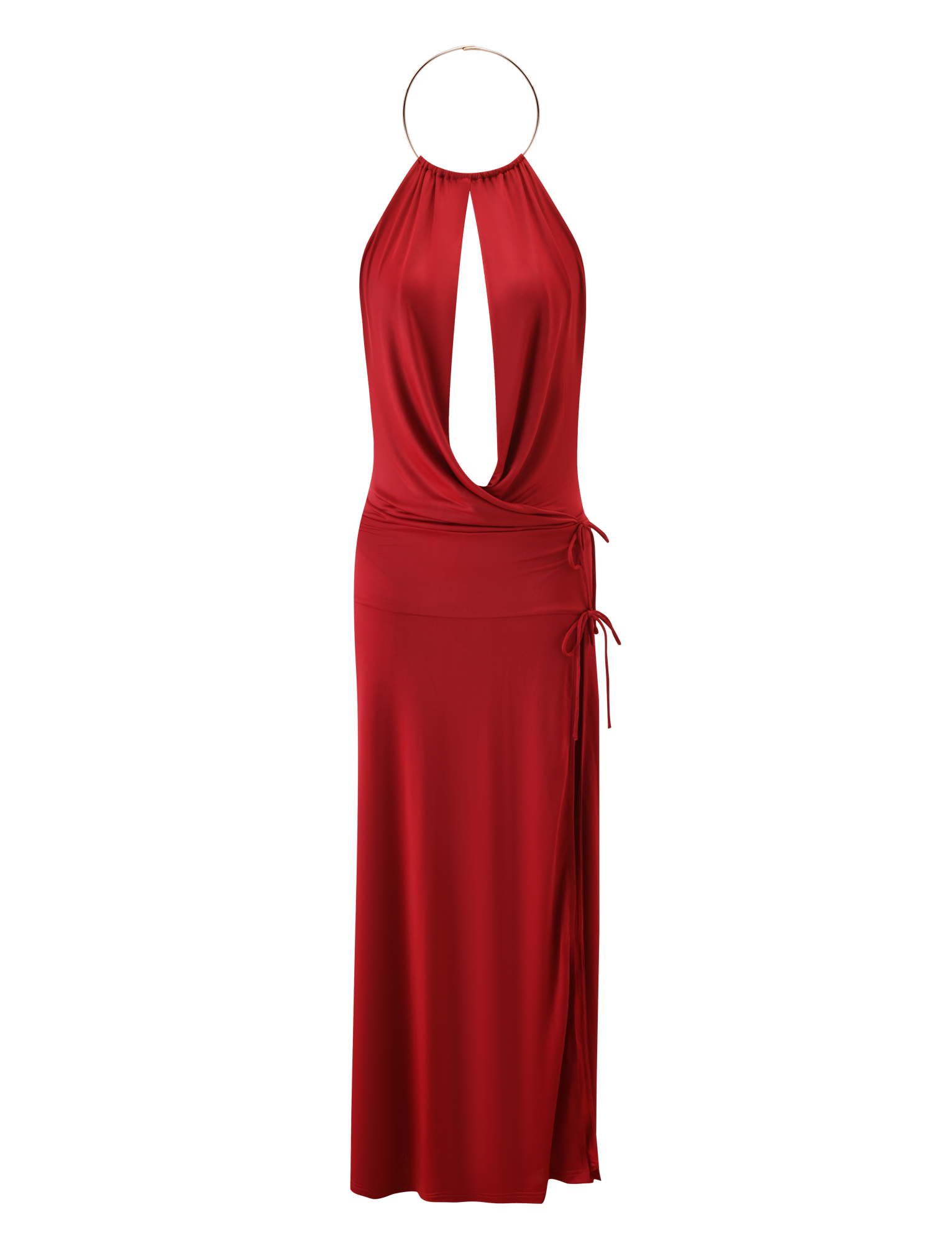 The TIGERMIST TARRIN MAXI DRESS in red showcases a halter neckline with gold choker ring, front keyhole cutout, side tie accents at waist and hip, and a subtle thigh-high slit for added allure.