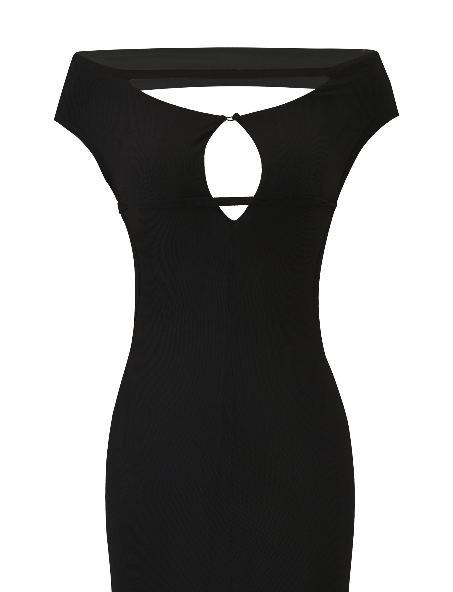 The TIGERMIST KERRIGAN MAXI DRESS in black features a sleeveless, fitted bodice, wide off-the-shoulder neckline, and a teardrop chest cutout for an effortlessly chic, minimalist look.