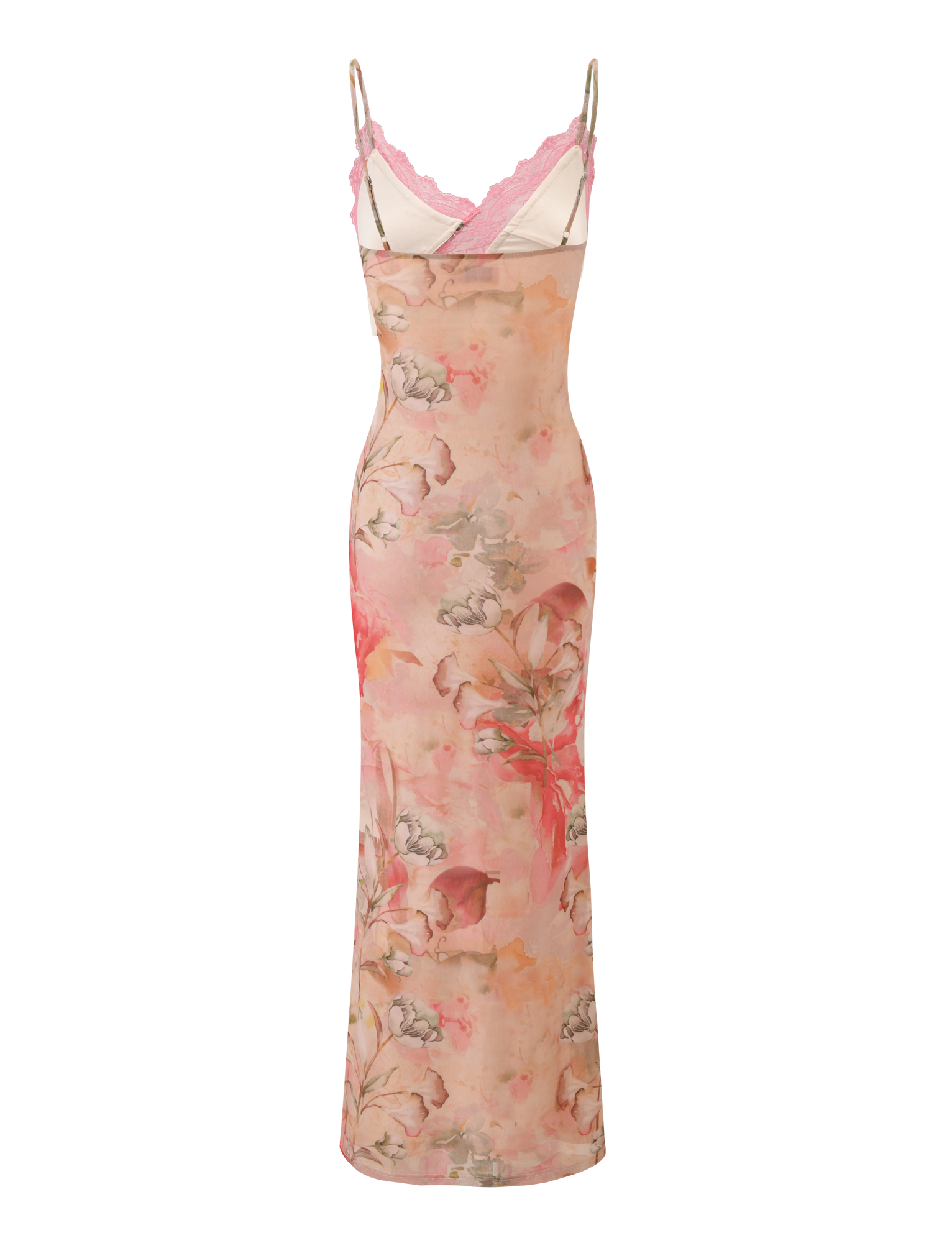 The LYRE MAXI DRESS - WATERCOLOUR FLORAL by TIGERMIST is a sleeveless, ankle-length pink maxi dress with thin straps, crafted from light sheer fabric and finished with sheer pink lace trim at the neckline.