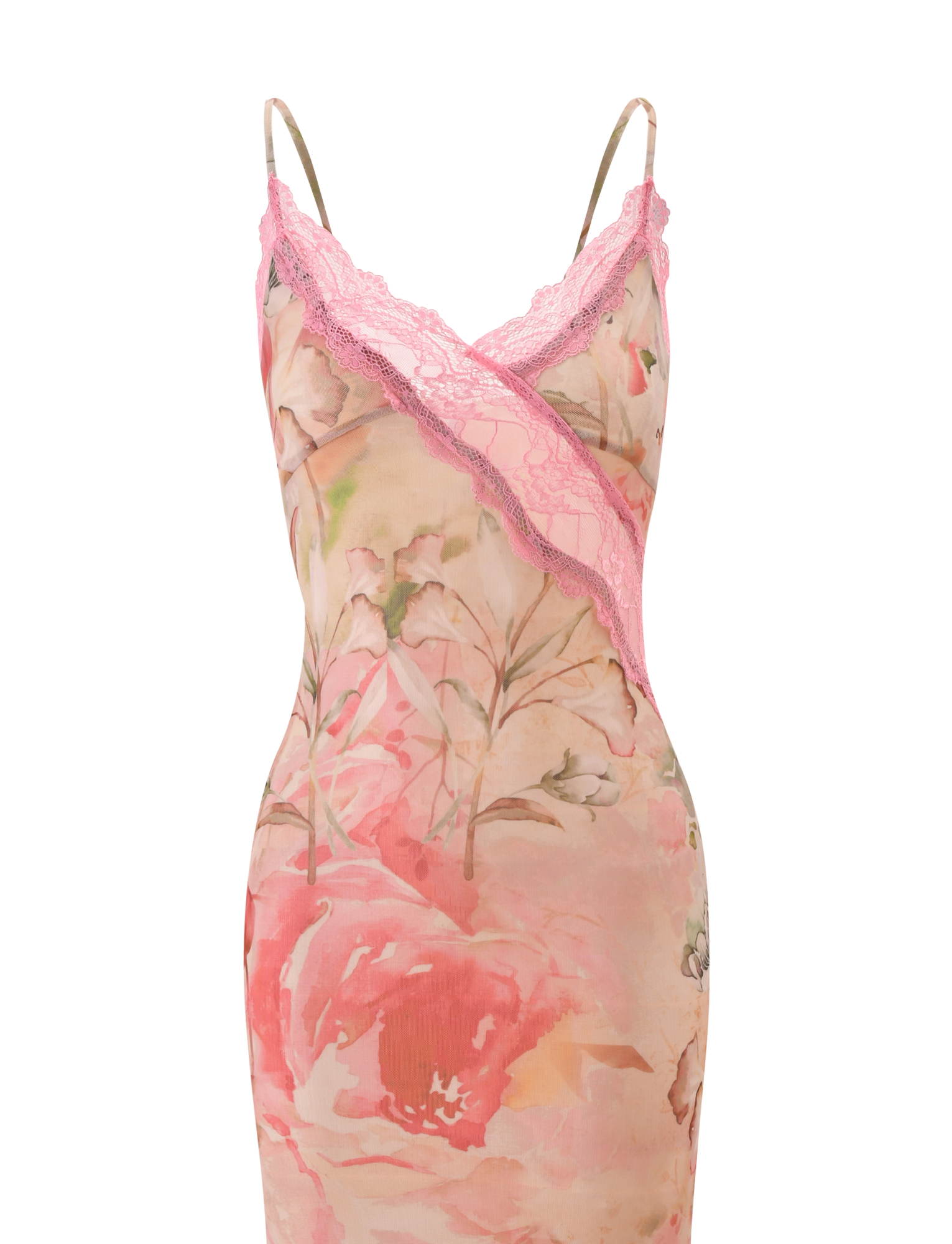 The LYRE MAXI DRESS - WATERCOLOUR FLORAL by TIGERMIST features delicate spaghetti straps, a fitted silhouette, and pastel floral patterns with sheer pink lace trim for an effortlessly feminine look.