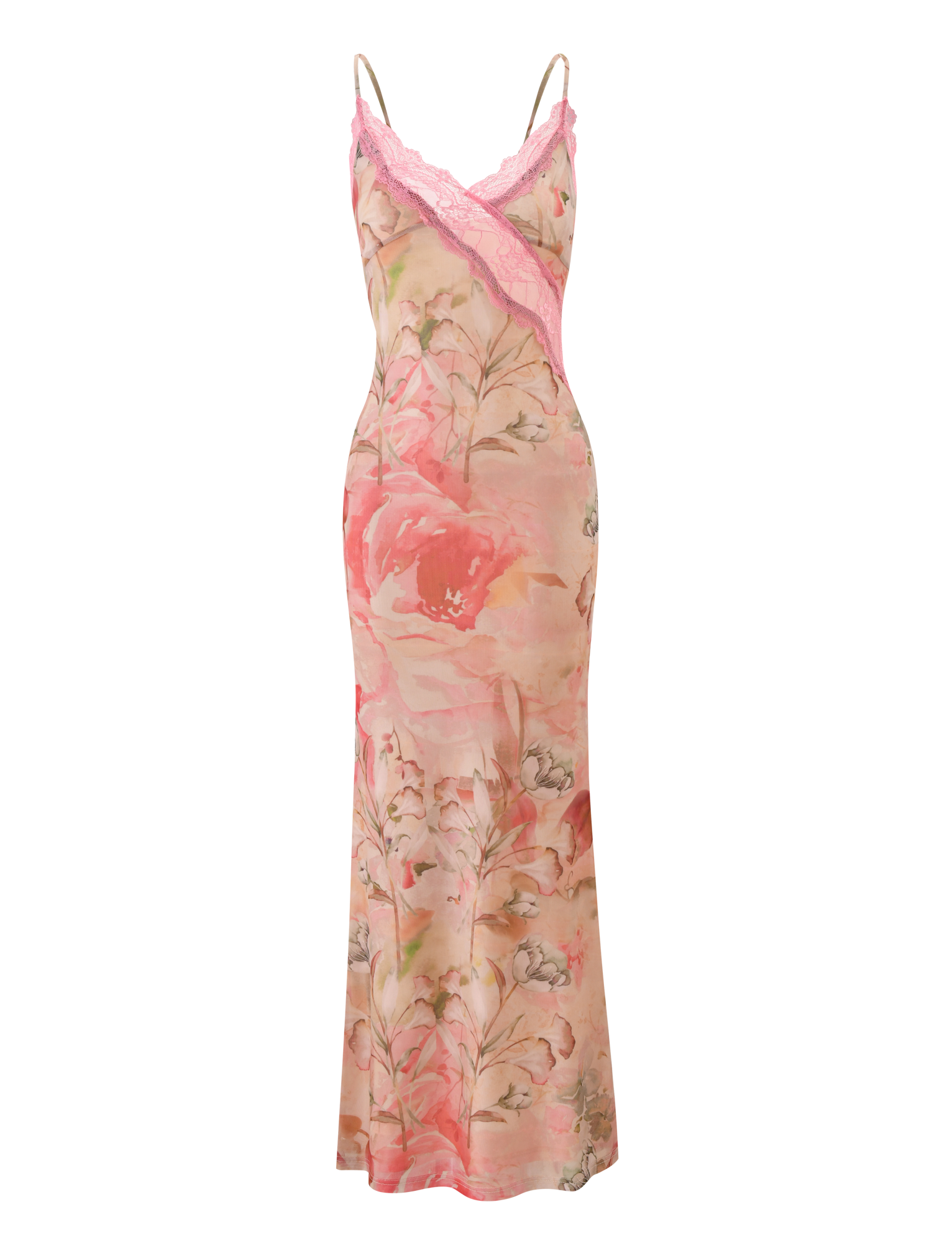The LYRE MAXI DRESS - WATERCOLOUR FLORAL by TIGERMIST is a sleeveless pink maxi dress with adjustable straps, pink lace trim on the neckline, and a white background featuring a floral watercolour print.