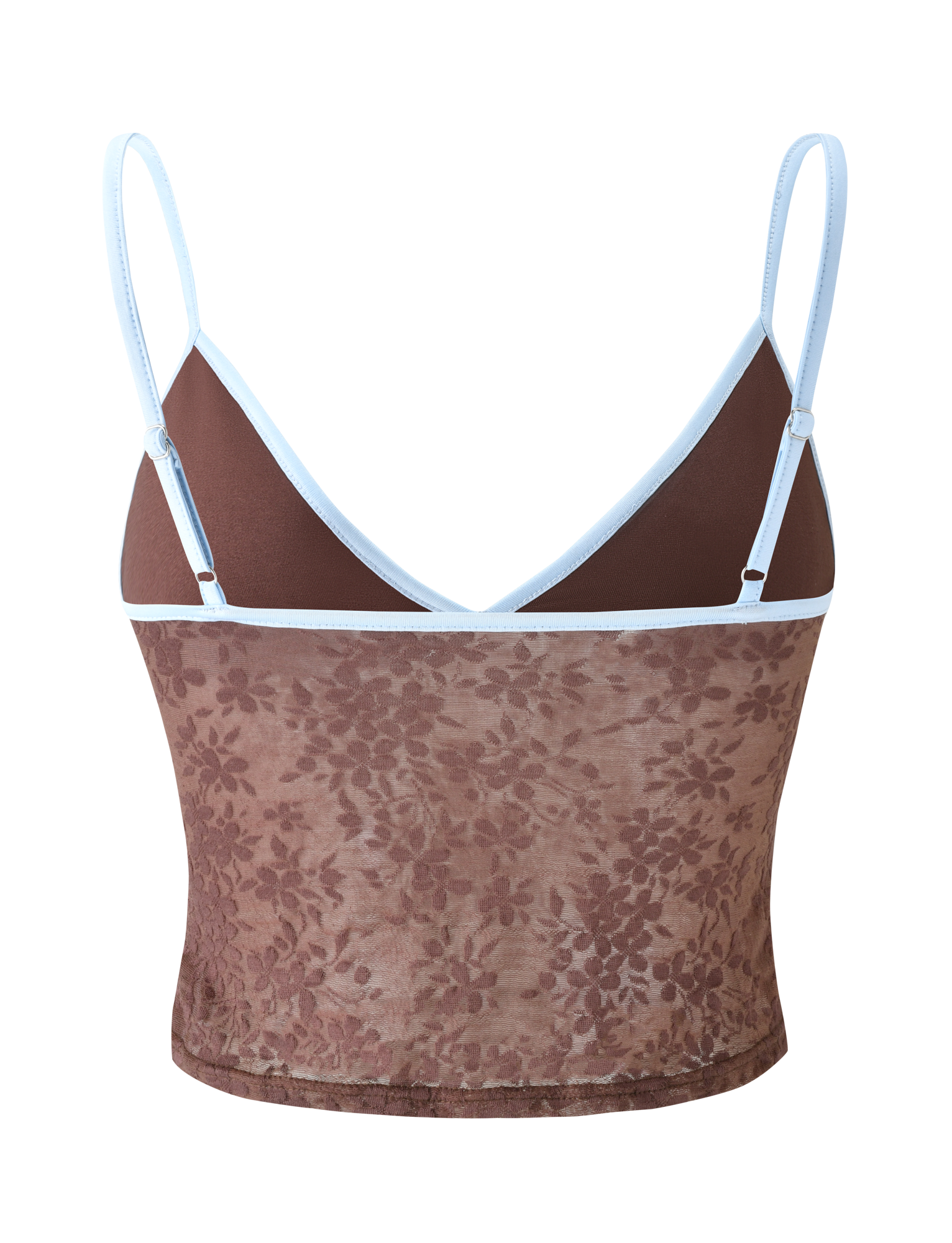The TIGERMIST AUBURN TOP - CHOCOLATE is a brown lace cami with a floral pattern, semi-sheer mesh, light blue adjustable straps, and matching trim along the neckline and sides.