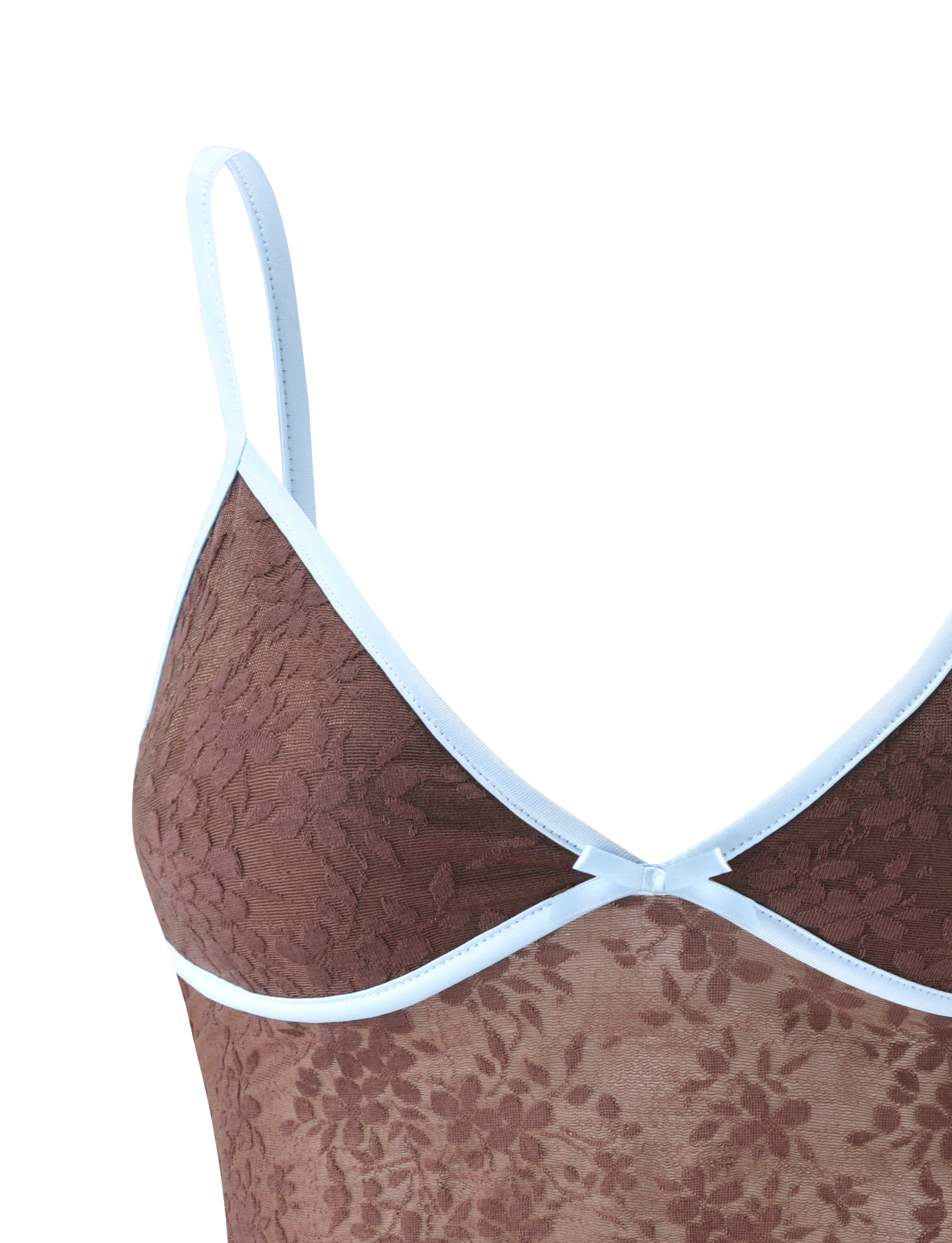 Close-up of the TIGERMIST AUBURN TOP - CHOCOLATE, a brown lace cami with a floral pattern, white satin trim on the neckline, and thin adjustable straps, styled as semi-sheer lingerie against a white background.