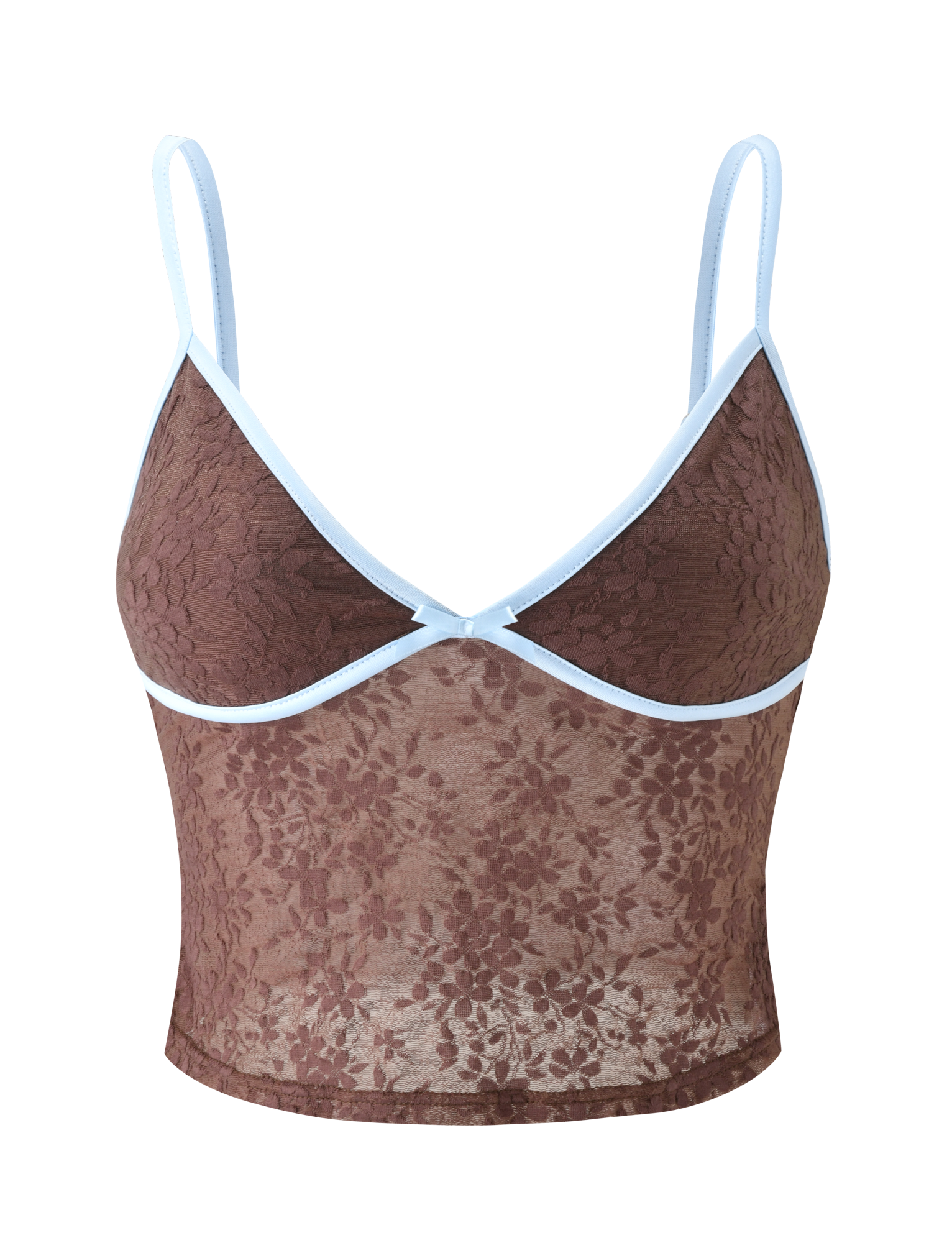 The AUBURN TOP - CHOCOLATE by TIGERMIST is a sheer brown lace cami crop top with adjustable straps, blue piping on the neckline and underbust, and a delicate floral pattern in semi-sheer lingerie fabric for a modern look.