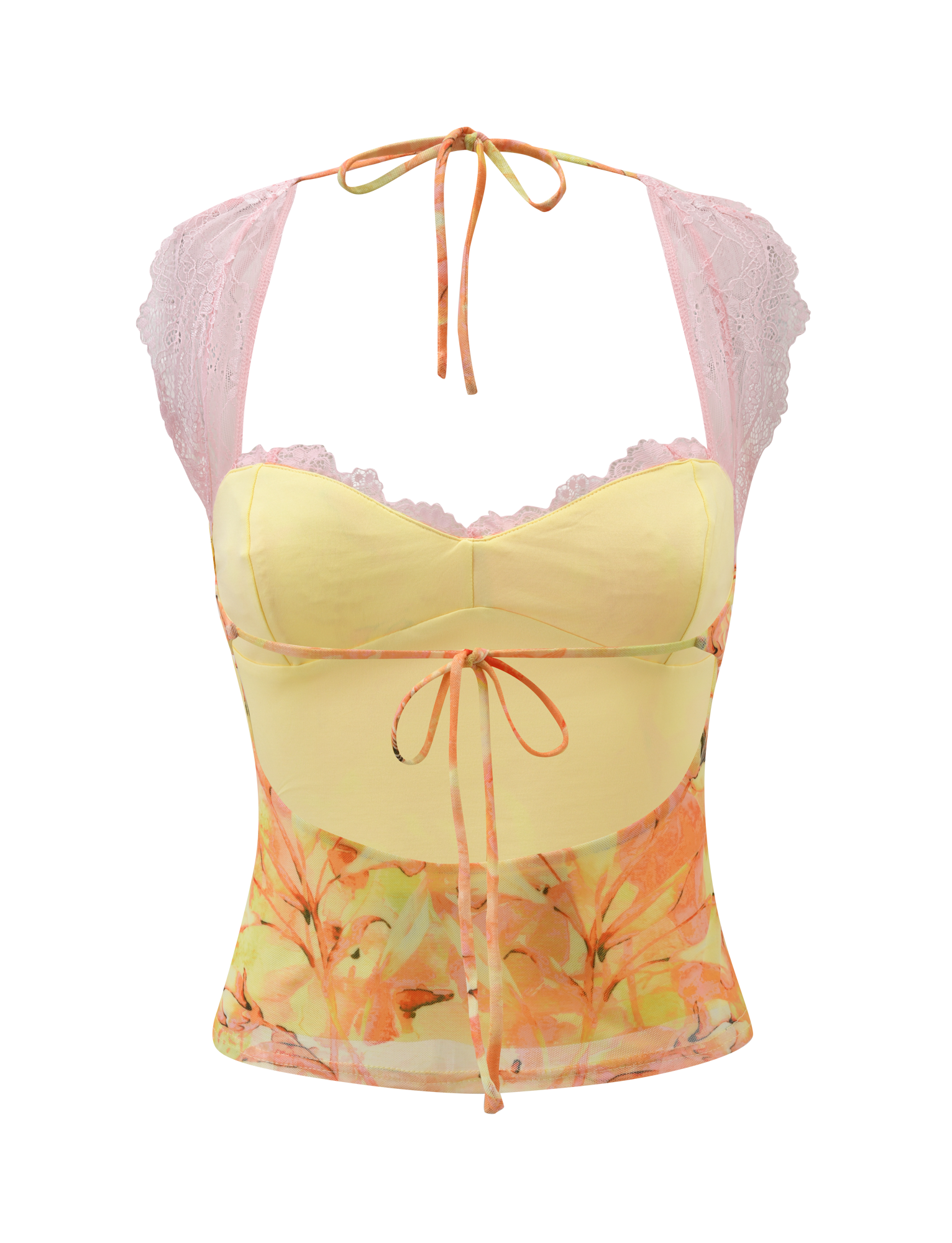 The TIGERMIST DUNE MESH TOP - CREAMSICLE is a sleeveless, floral-patterned camisole with a yellow bodice, pink lace straps, and orange ribbon ties at the bust and waist, vividly displayed on a white background.
