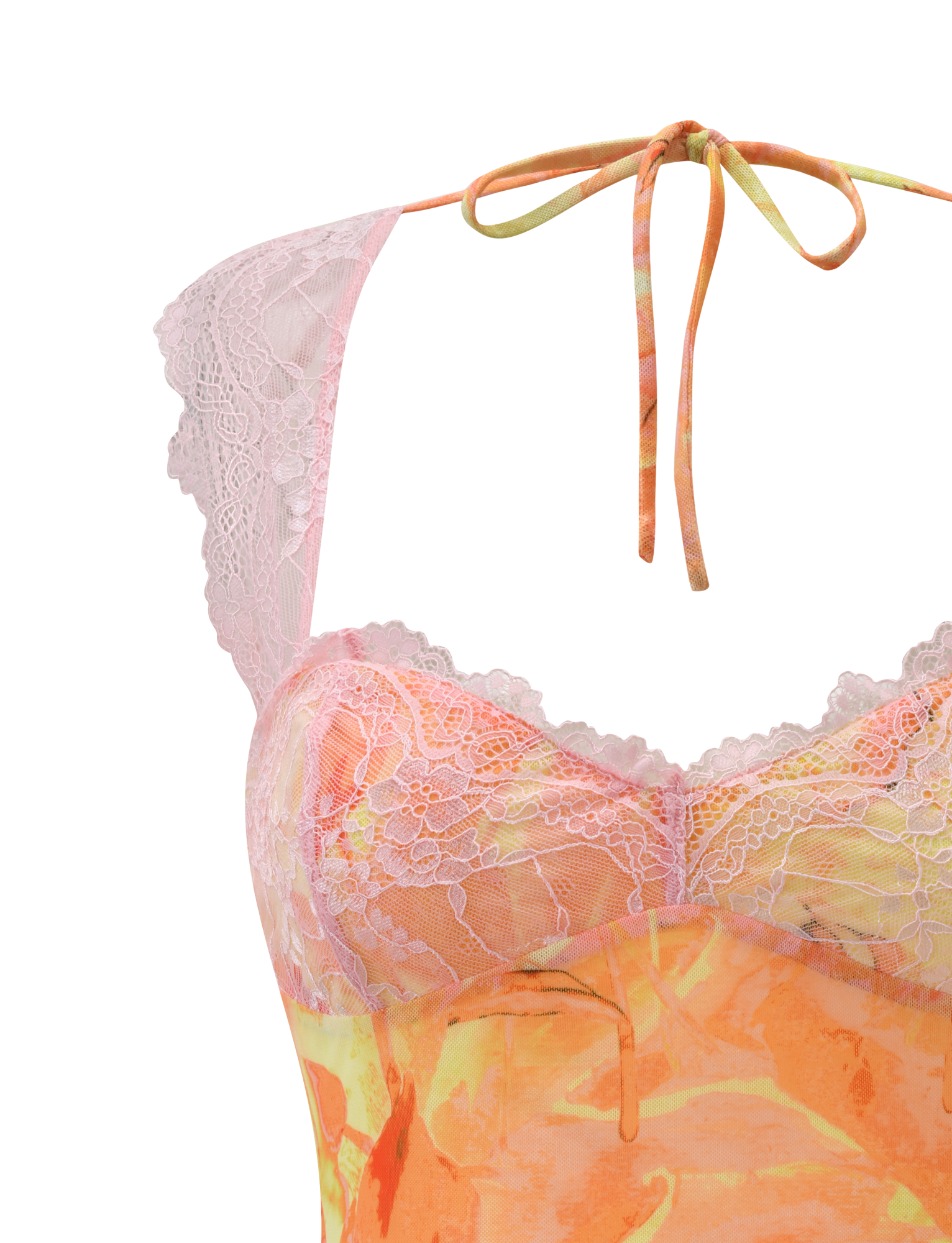 Close-up of the TIGERMIST DUNE MESH TOP - CREAMSICLE, featuring a lace-trimmed neckline, cap sleeves, halter neck tie, and abstract orange-yellow pattern on light pink mesh.