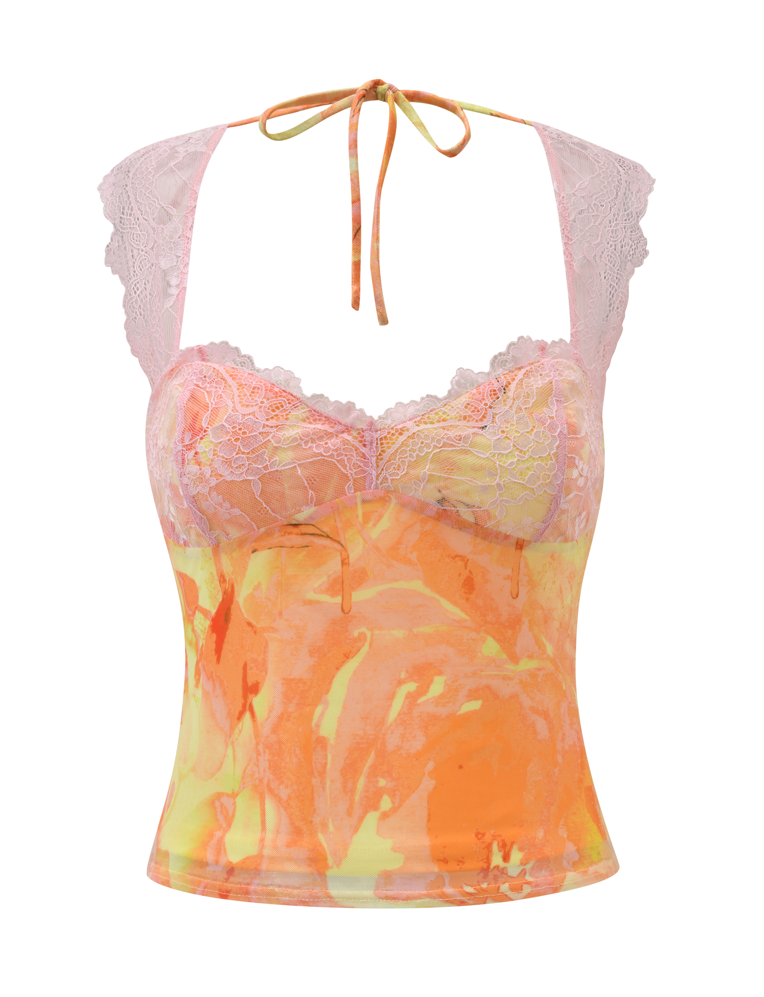 The DUNE MESH TOP - CREAMSICLE by TIGERMIST is a sleeveless halter top with pink lace bust and straps, an orange-yellow marbled body, lace at the neckline, and a neck tie for a chic finish.