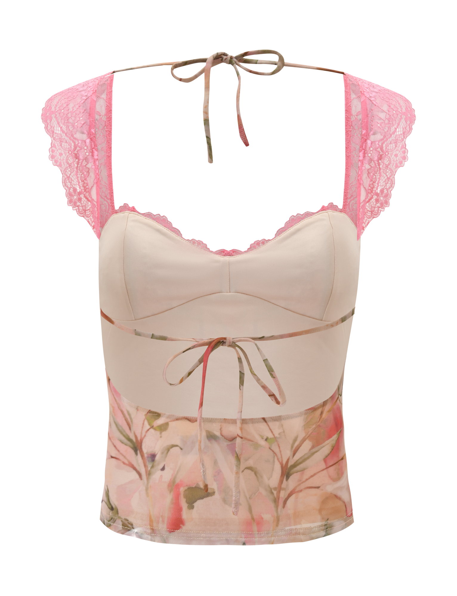 The DUNE TOP - WATERCOLOUR FLORAL by TIGERMIST is a sleeveless pink lace top with sheer cap sleeves, a sweetheart neckline, tie details at the back and waist, and pastel floral hues for a delicate, adjustable fit.