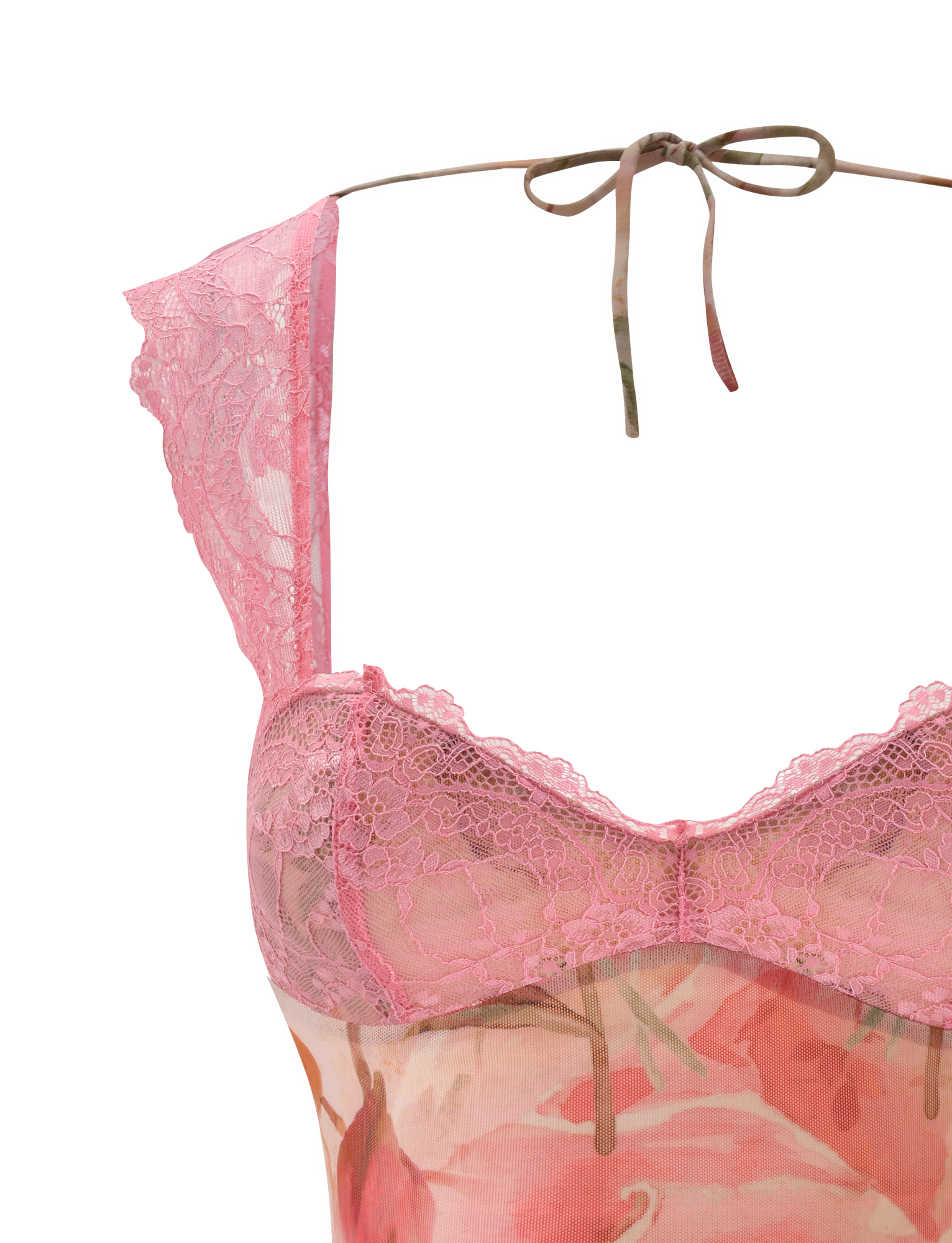 A close-up of the TIGERMIST DUNE TOP - WATERCOLOUR FLORAL shows sheer pink floral lace cups, adjustable lace straps, and a thin ribbon tie at the neck, all set against a white background.