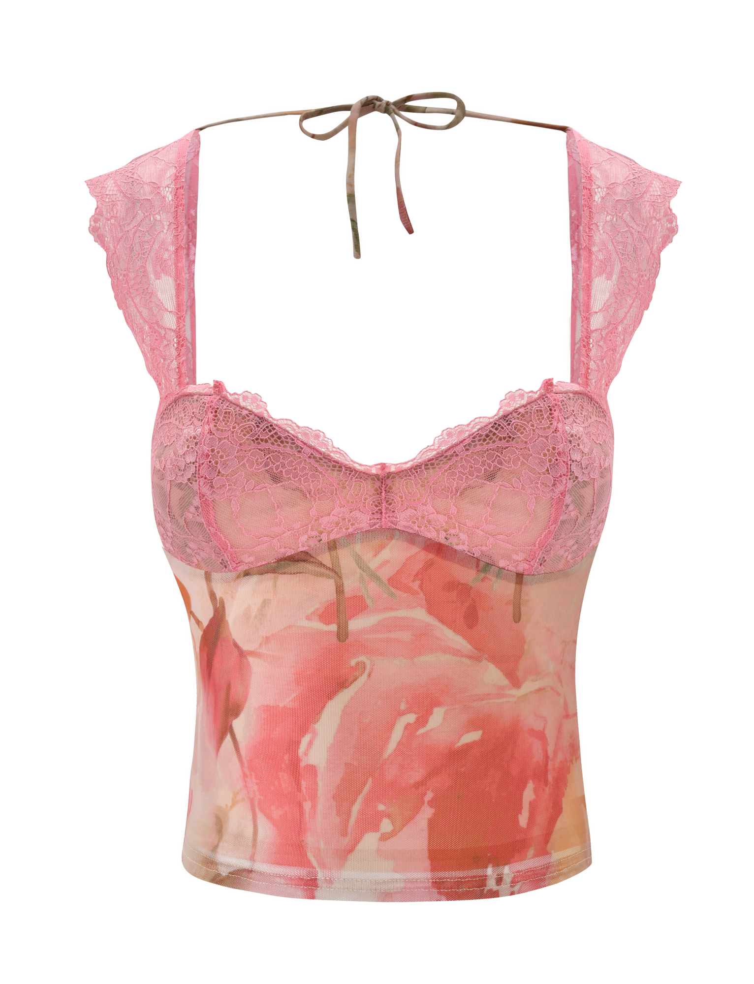 The DUNE TOP - WATERCOLOUR FLORAL by TIGERMIST is a pink lace top with watercolor floral patterns, delicate mesh, adjustable halter neck, lace cap sleeves, and underwire cups for support.