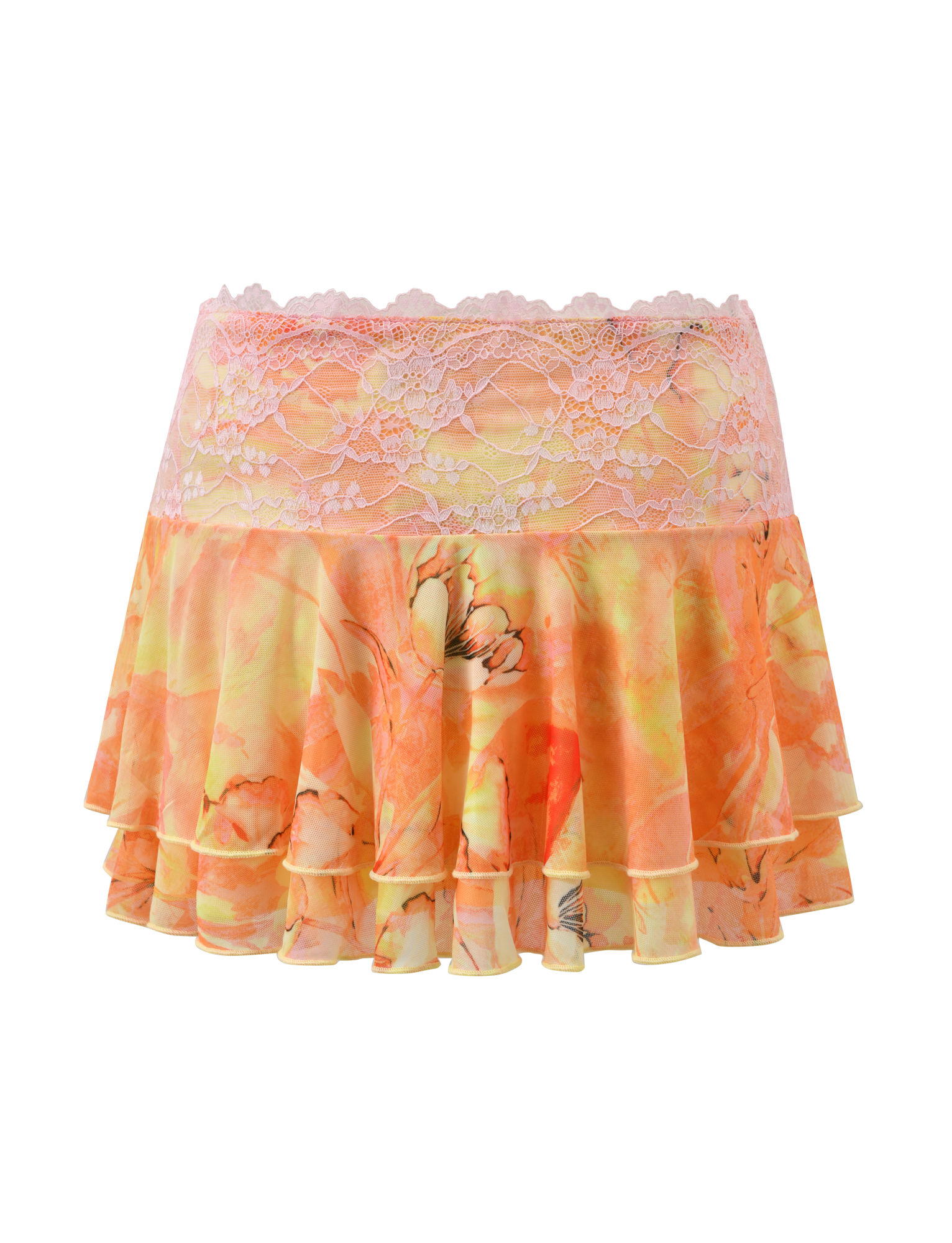 The DUNE MESH SKIRT - CREAMSICLE by TIGERMIST is a mini skirt with tiered ruffles, a pink lace waistband, and a vibrant orange-yellow watercolor floral pattern on layered, flowy fabric for a playful look.