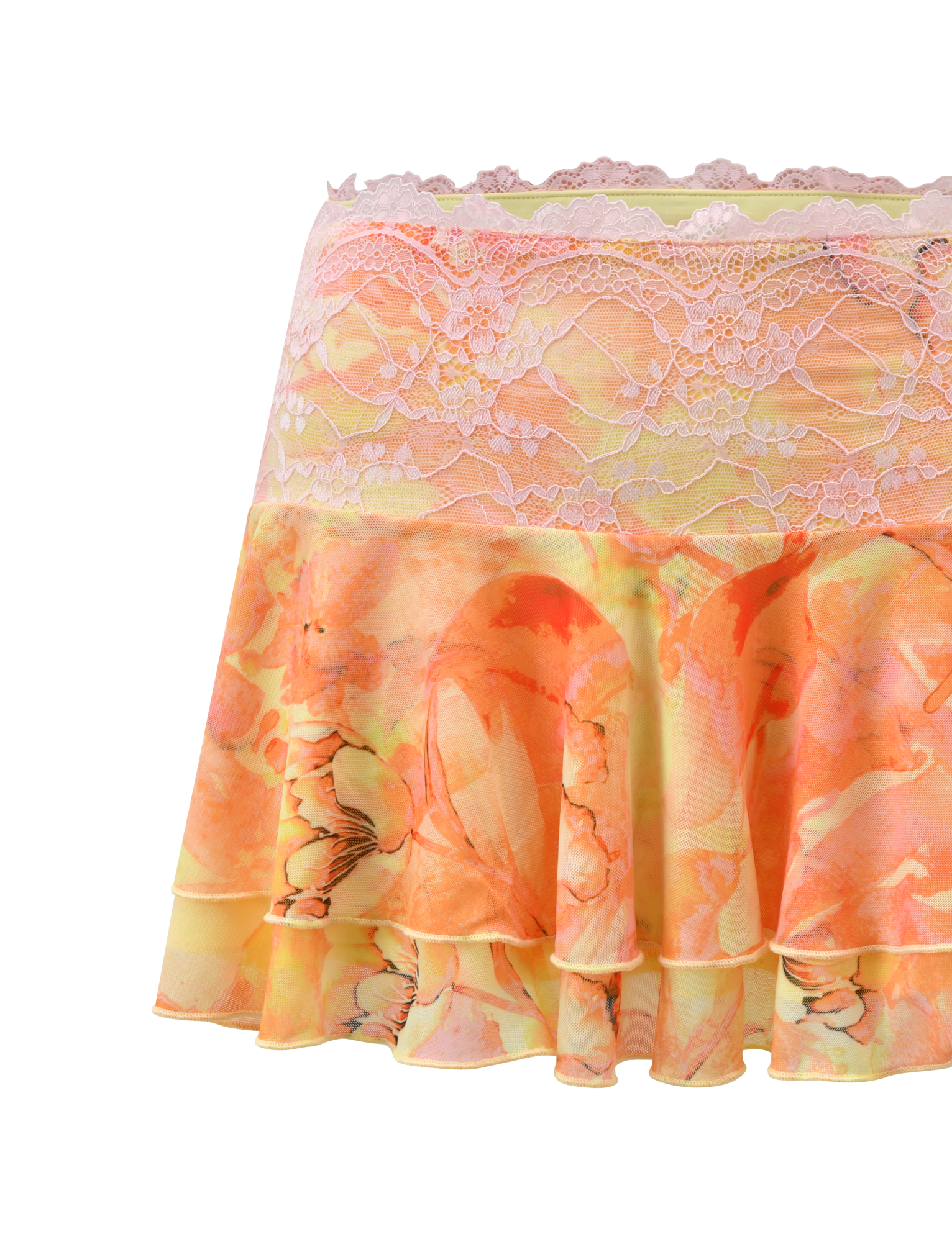 The DUNE MESH SKIRT - CREAMSICLE by TIGERMIST features layered ruffles in a pastel orange and yellow marble print, finished with a wide pale pink lace waistband.