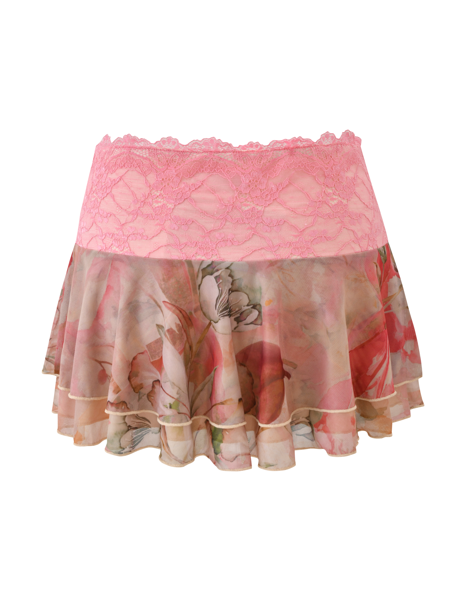 The TIGERMIST DUNE MESH MINI SKIRT - WATERCOLOUR FLORAL showcases a pink lace waistband and tiered mesh ruffle hem, set against a plain white background.