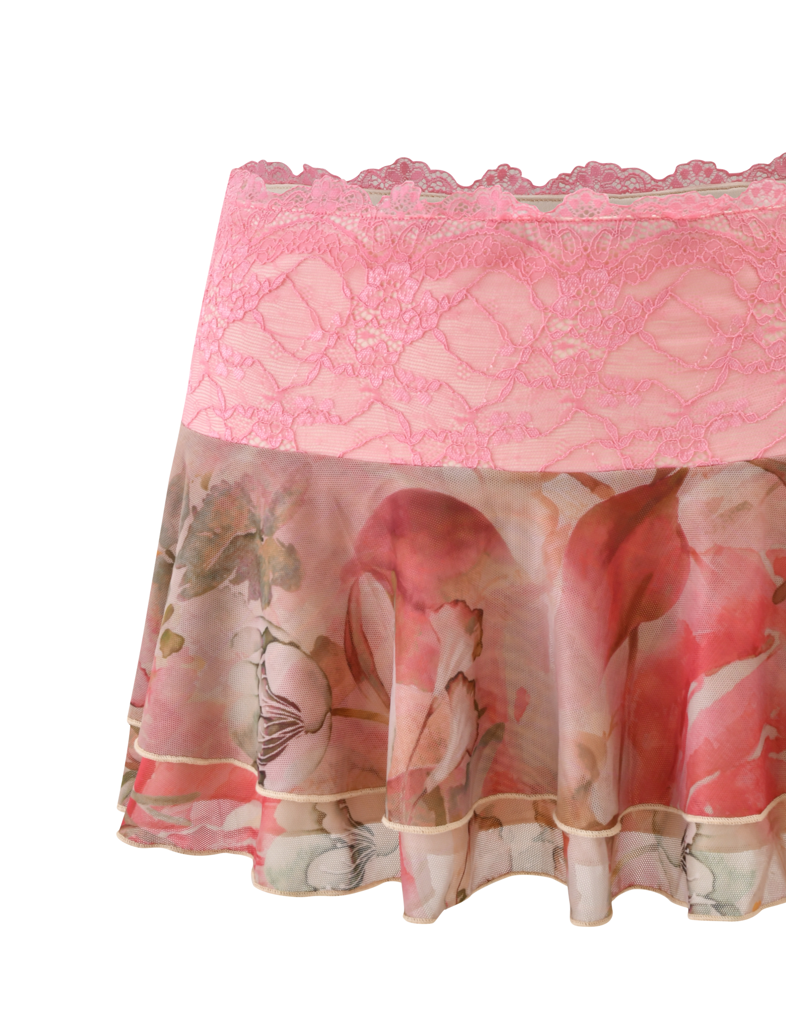 The TIGERMIST DUNE MESH MINI SKIRT - WATERCOLOUR FLORAL is a short, flared mini skirt with sheer mesh fabric in pink, cream, and green floral print and a pink lace waistband, shown against a white background.