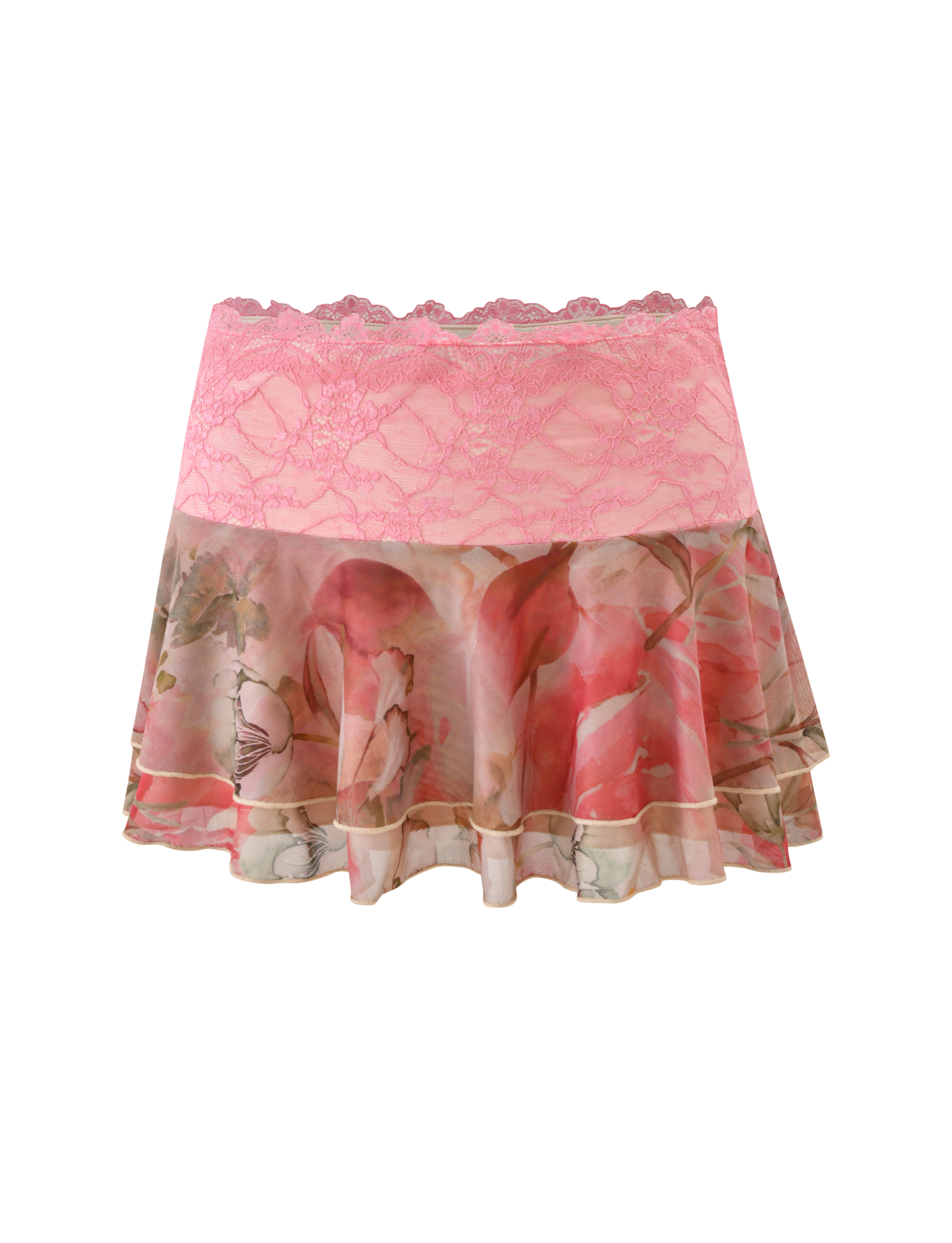 The TIGERMIST DUNE MESH MINI SKIRT - WATERCOLOUR FLORAL features a plain white base with large pink and green flower patterns, a pink lace waistband, and a layered ruffled hem for a stylish mini look.