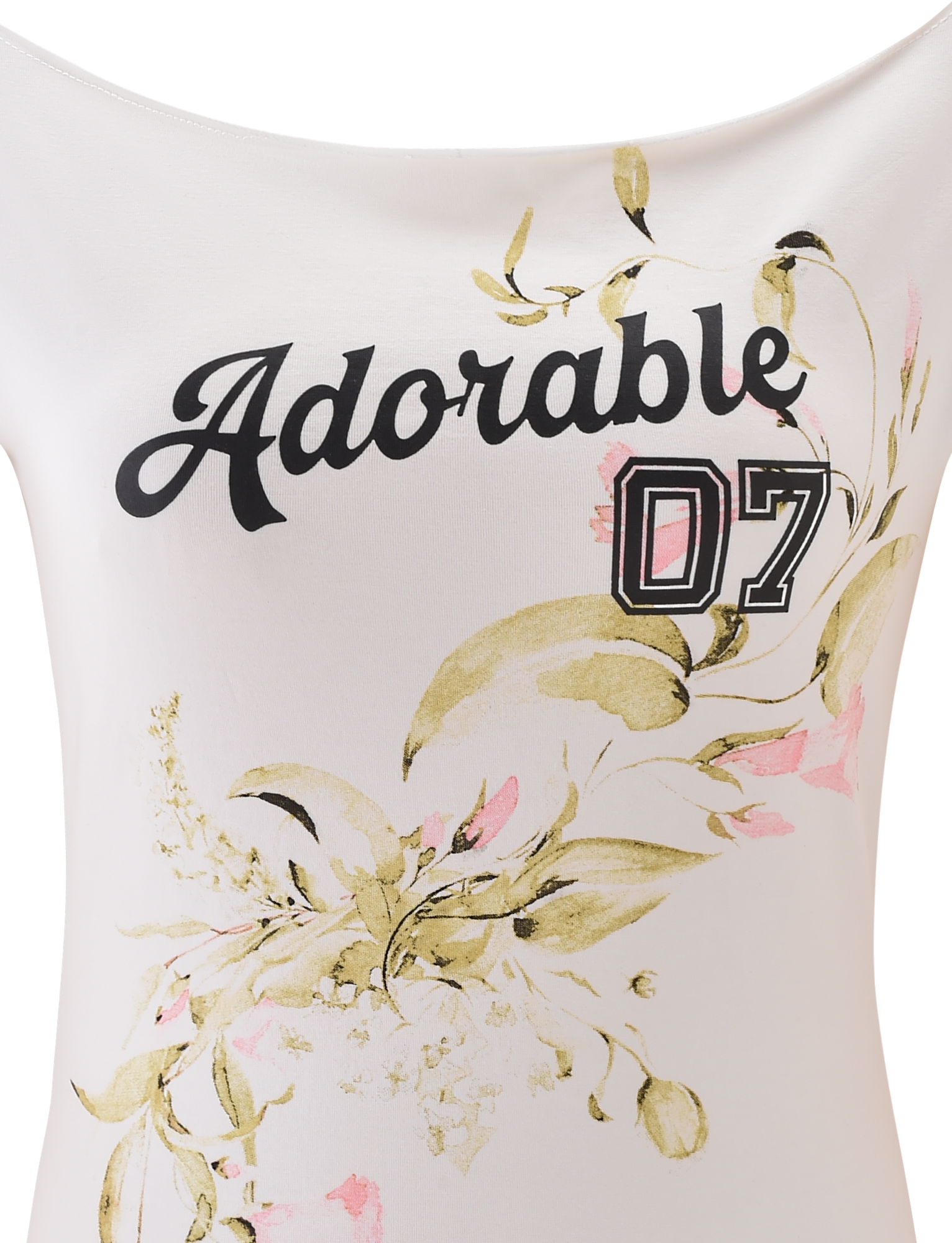 The FYNN TEE - WHITE by TIGERMIST is a white baseball tee with “Adorable 07” in black and pink lettering and a soft green and pink floral graphic on the bottom right.