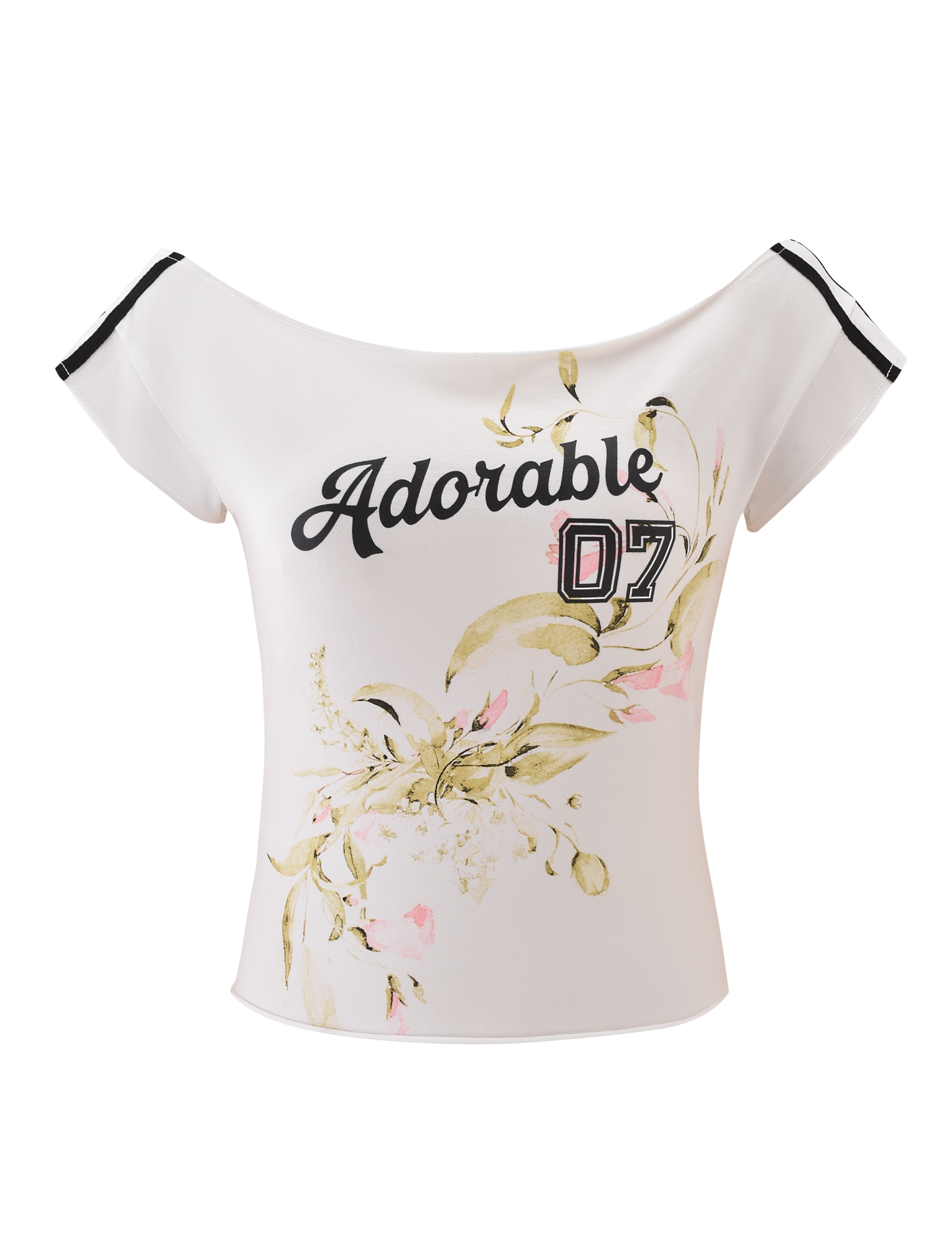 The FYNN TEE - WHITE by TIGERMIST features an off-shoulder design, black striped sleeves, “Adorable 07” on the front, and soft yellow-pink floral graphics for a playful, sporty-chic style.