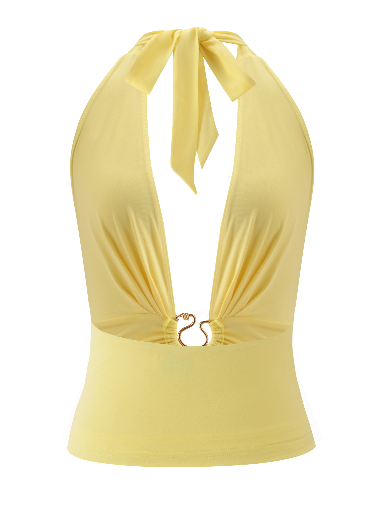 The BRIXTON TOP - BUTTER YELLOW by TIGERMIST features a soft, slightly shiny fabric, deep V-neck, ruched bust, gold hardware ring at the front, and an adjustable halter tie for a perfect fit.