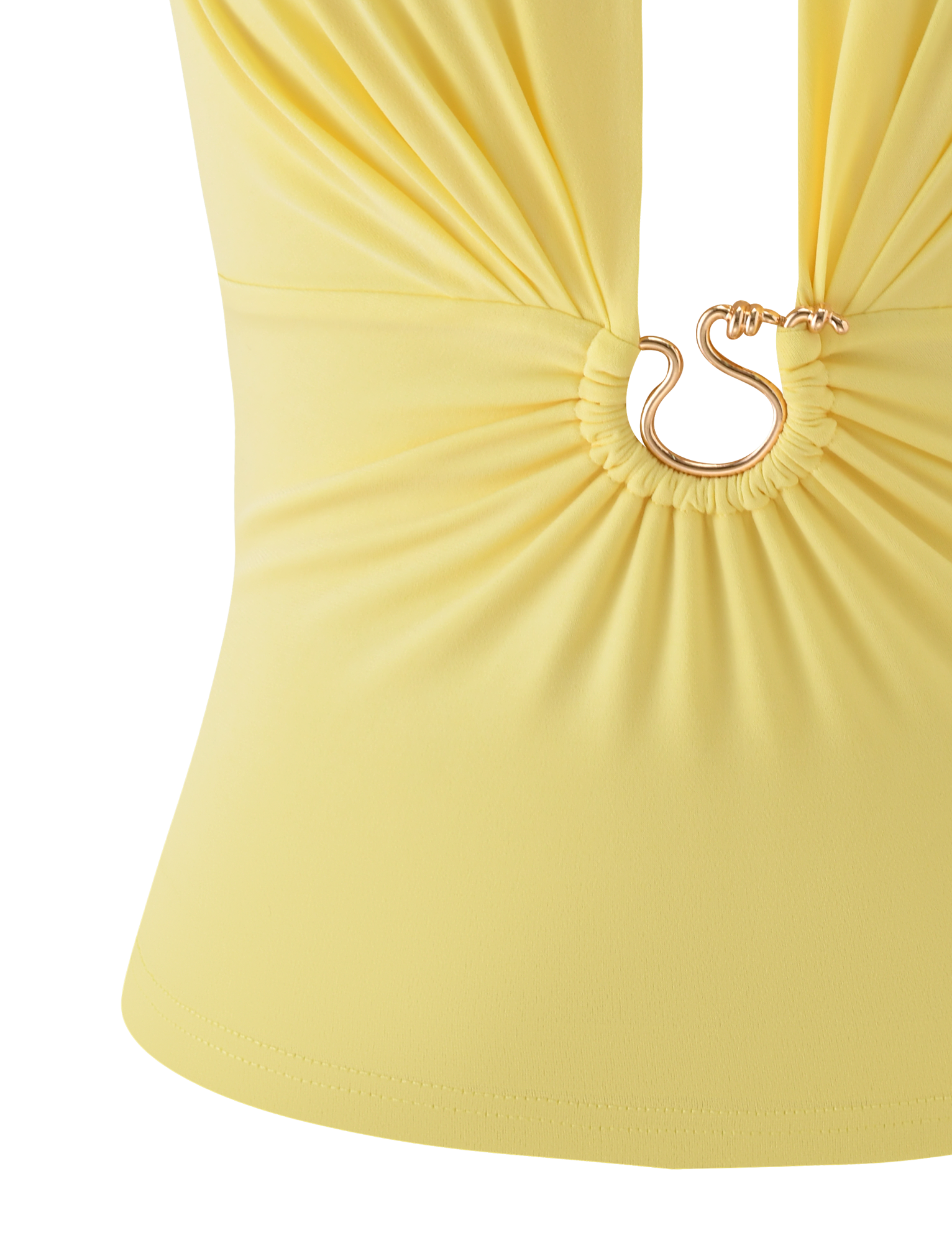 Close-up of the TIGERMIST BRIXTON TOP in butter yellow, a halter neck style with a ruched bust, gathered waist, circular cutout, and gold snake clasp hardware.