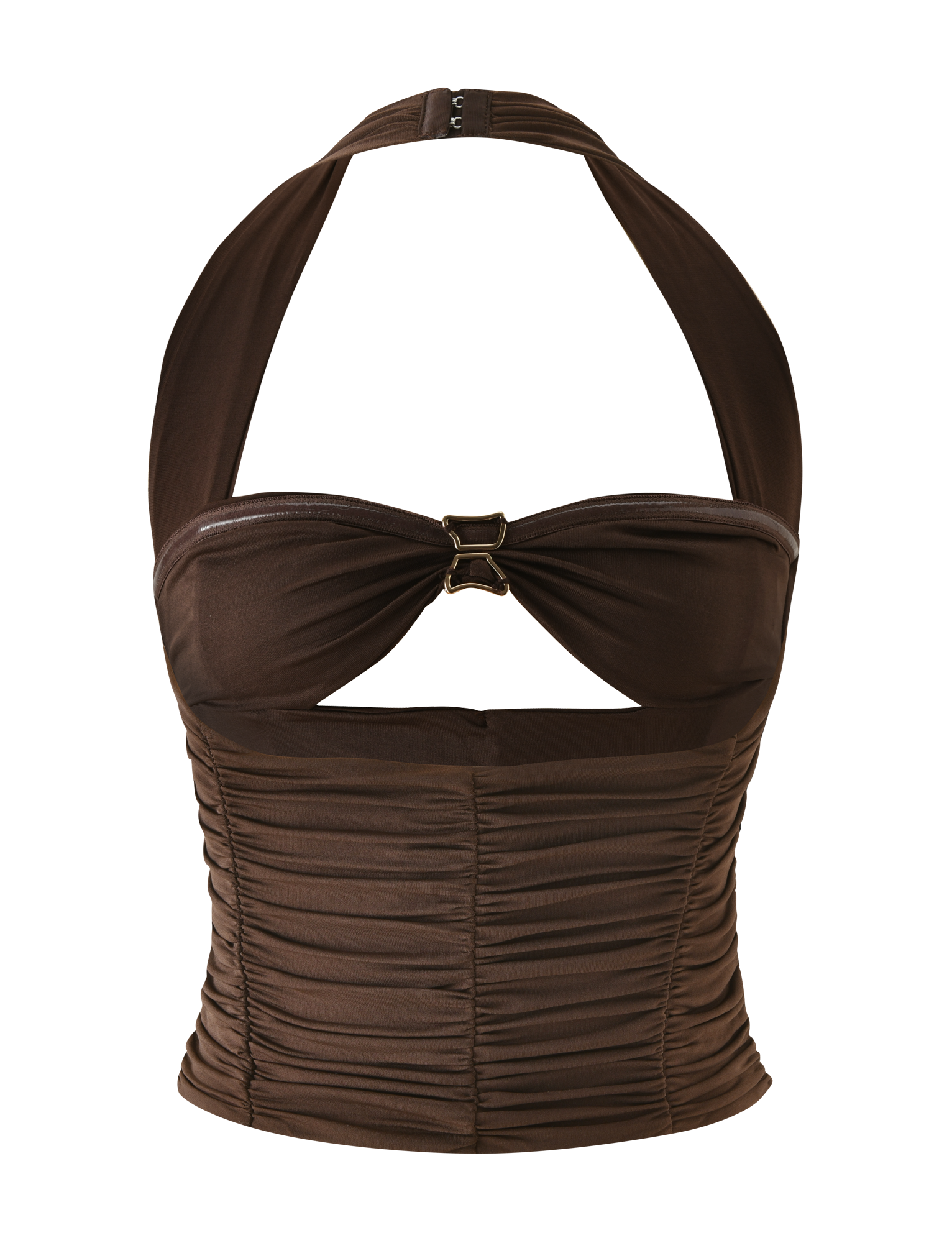 The TIGERMIST BRIALLEN TOP - CHOCOLATE is a brown halter top with a sweetheart neckline, ruched details, a keyhole cutout at the bust, and a decorative metal clasp at the center front.