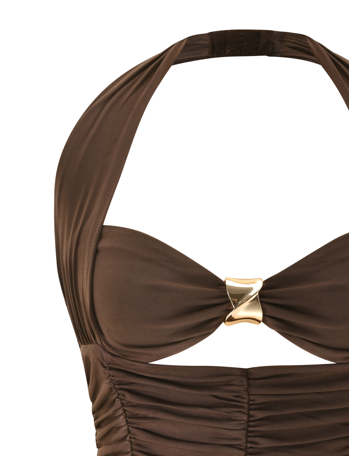A close-up of the TIGERMIST BRIALLEN TOP in Chocolate, a halter-neck swimsuit with ruching and a gold accent at the center of the sweetheart neckline.
