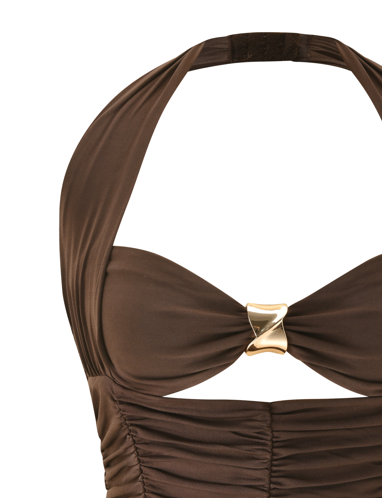 A close-up of the TIGERMIST BRIALLEN TOP in Chocolate, a halter-neck swimsuit with ruching and a gold accent at the center of the sweetheart neckline.