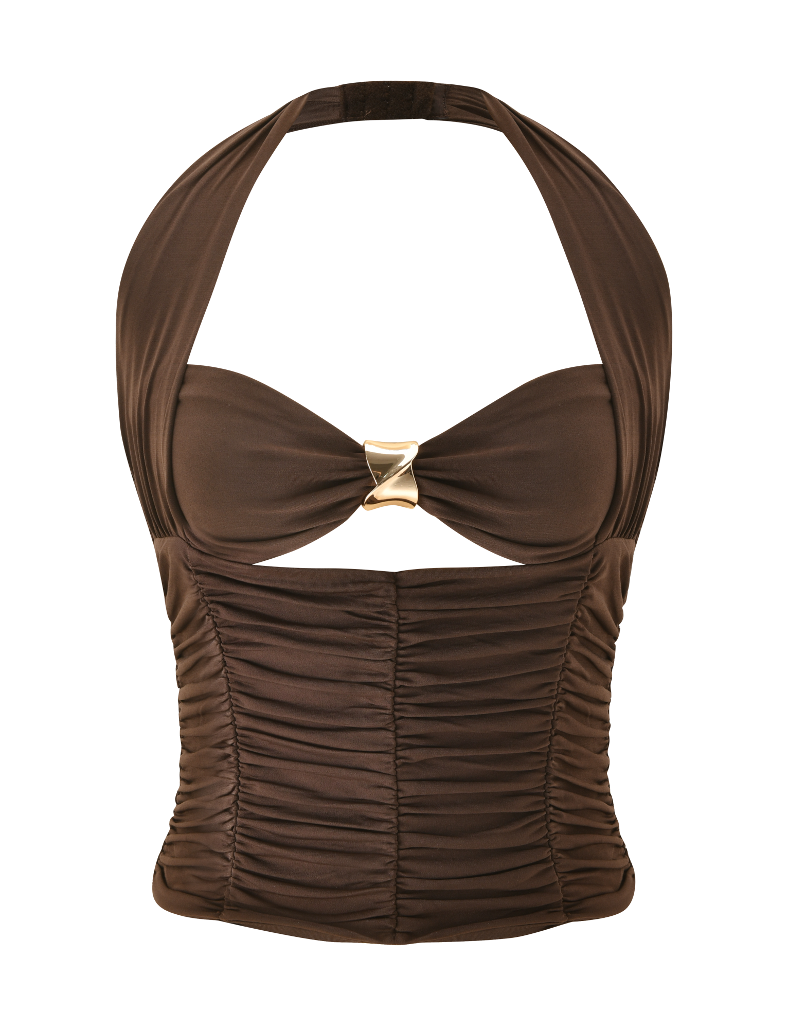 The BRIALLEN TOP - CHOCOLATE by TIGERMIST is a brown halter top with a sweetheart neckline, allover ruching, a front cut-out under the bust, and a gold metallic accent at the center.