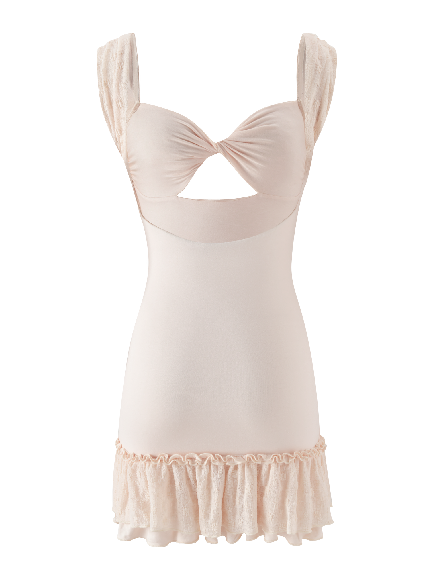 The ASHBY MINI DRESS by TIGERMIST is a cream, sleeveless A-line mini dress with a twisted front bodice, small cutout under the bust, lace-trimmed straps, and ruffle hem, displayed against a white background.