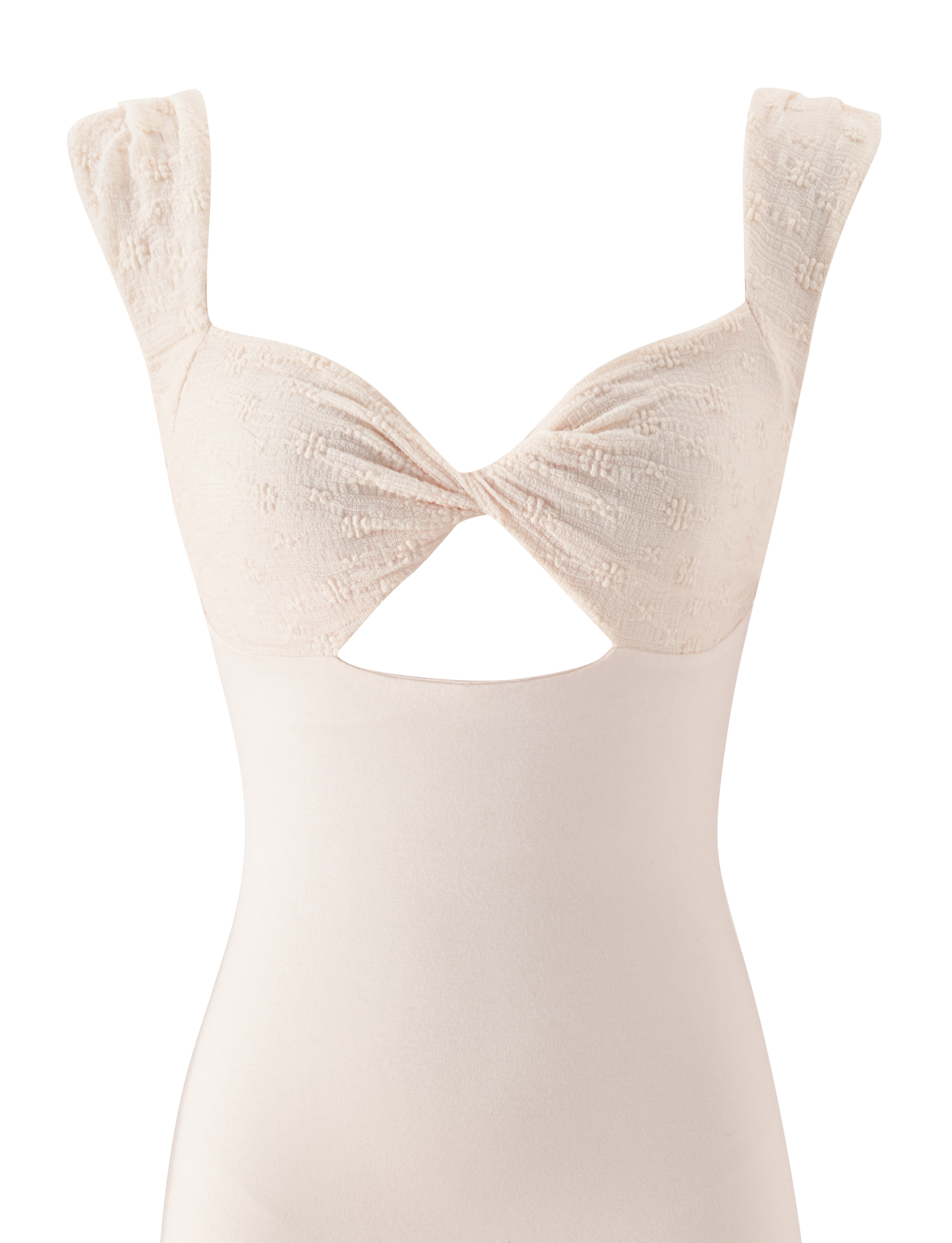 The ASHBY MINI DRESS by TIGERMIST is a cream A-line mini dress with textured ruched bust, wide straps, a twist detail and cut-out under the bust, smooth fitted skirt, and subtle ruffle hem.