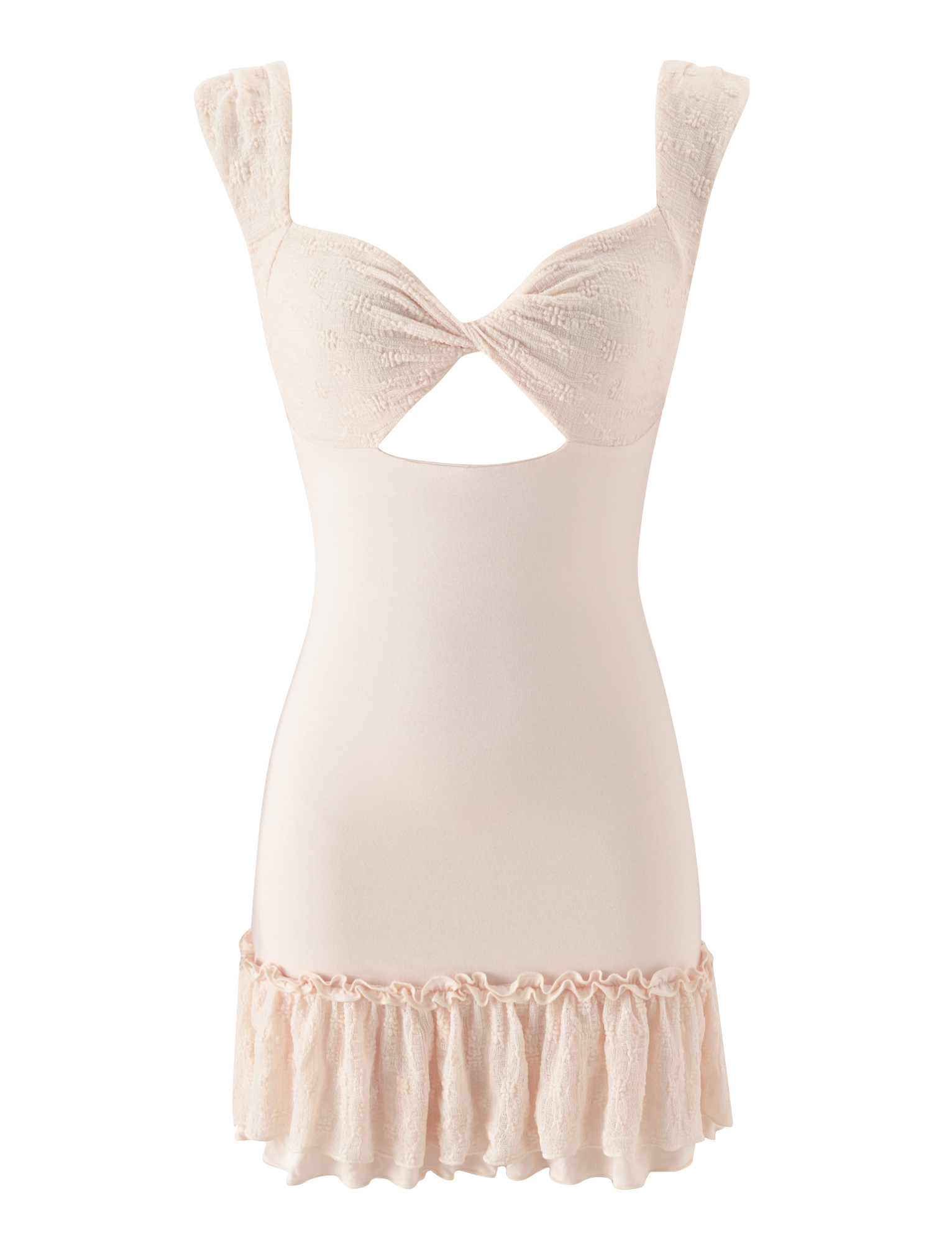 The ASHBY MINI DRESS in Cream by TIGERMIST is a light pink, sleeveless A-line mini dress with a ruched bust, keyhole cutout, thick straps, and a stretch lace ruffle hem.