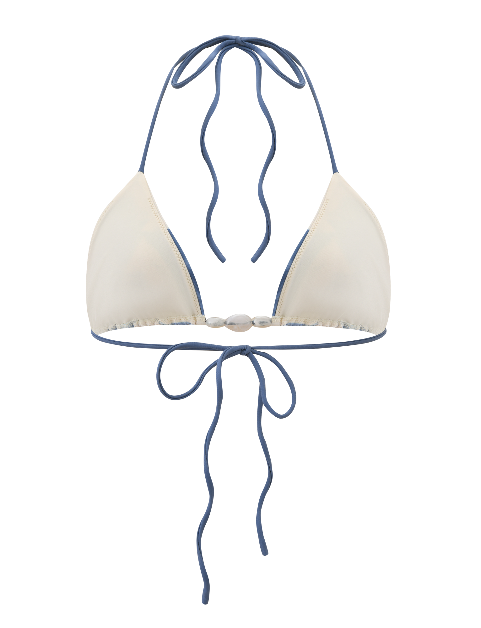 The TIGERMIST CYLAS BIKINI TOP - INDIGO FLORAL features a cream halter neck design with blue straps and trim, plus an adjustable tie-back closure for a perfect fit.