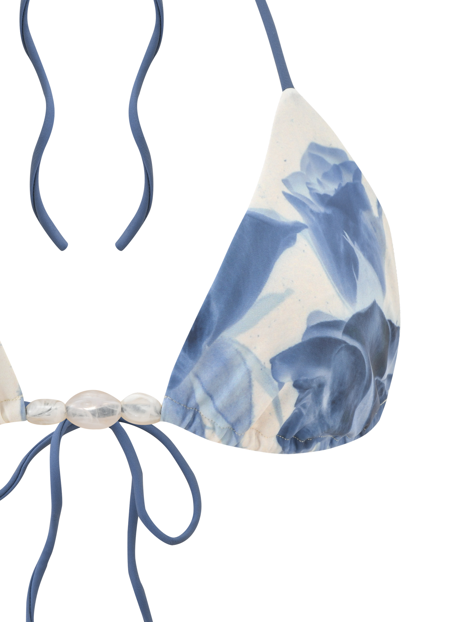 A close-up of the TIGERMIST CYLAS BIKINI TOP - INDIGO FLORAL, featuring adjustable triangle cups with blue floral prints, halter neck ties, and clear bead accents.