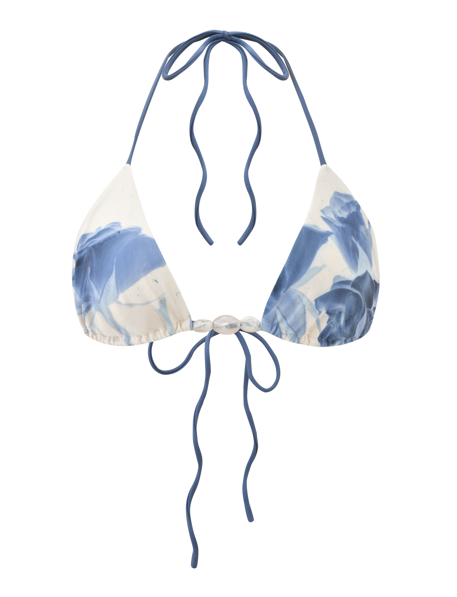 The TIGERMIST CYLAS BIKINI TOP - INDIGO FLORAL is a blue and white floral halter neck bikini top with adjustable back ties, shown on a transparent background.