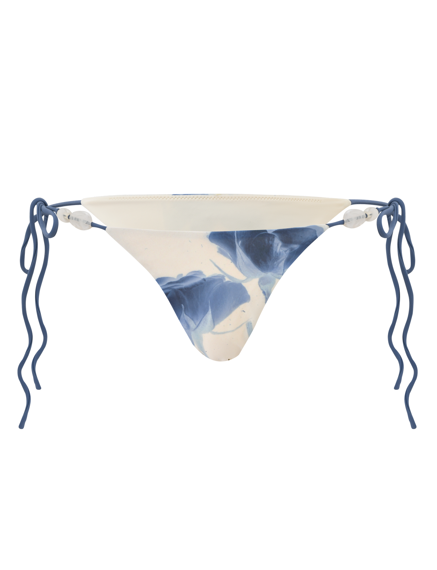 The TIGERMIST CYLAS Bikini Bottom in Indigo Floral features blue rose-inspired abstract patterns, reminiscent of wavy accents, displayed on a white background.
