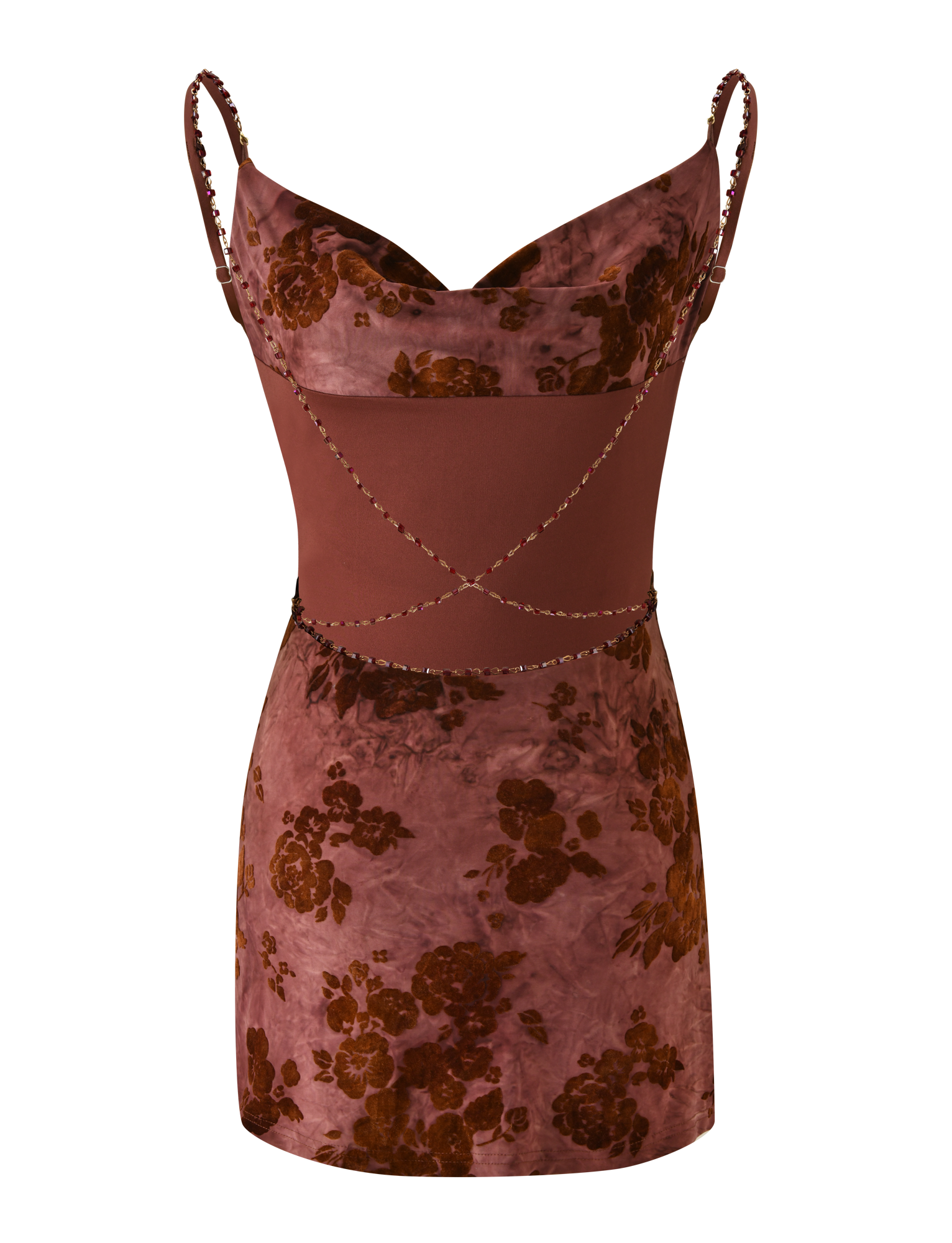 The TIGERMIST SPARROW MINI DRESS - CHOCOLATE BURNOUT is a sleeveless, fitted mini dress in mauve and brown floral print. It features thin straps, a cowl neckline, and decorative crisscross torso detailing.