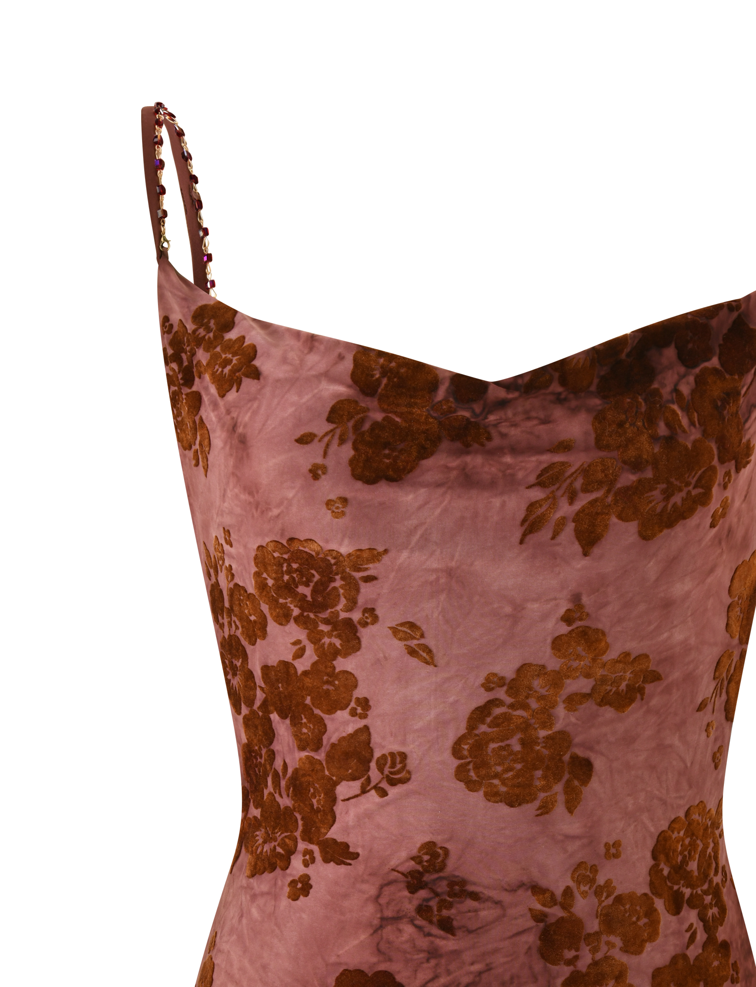 The TIGERMIST SPARROW MINI DRESS in chocolate burnout features pink velvet with floral patterns and a delicate beaded one-shoulder strap, shown close-up against a plain white background.