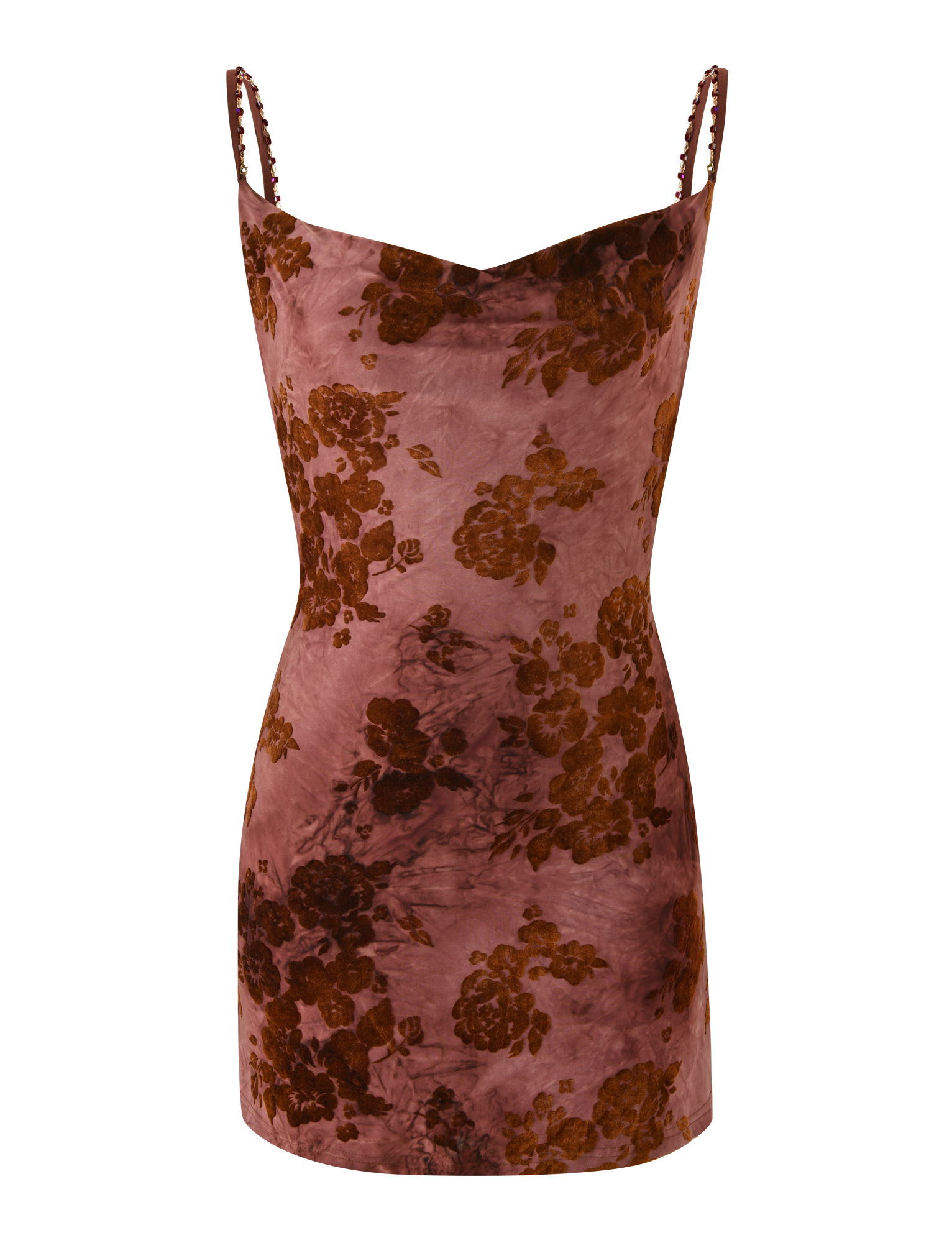 The SPARROW MINI DRESS - CHOCOLATE BURNOUT by TIGERMIST is a sleeveless, fitted velvet mini dress with spaghetti straps, a sweetheart neckline, and a mauve and chocolate floral burnout pattern.