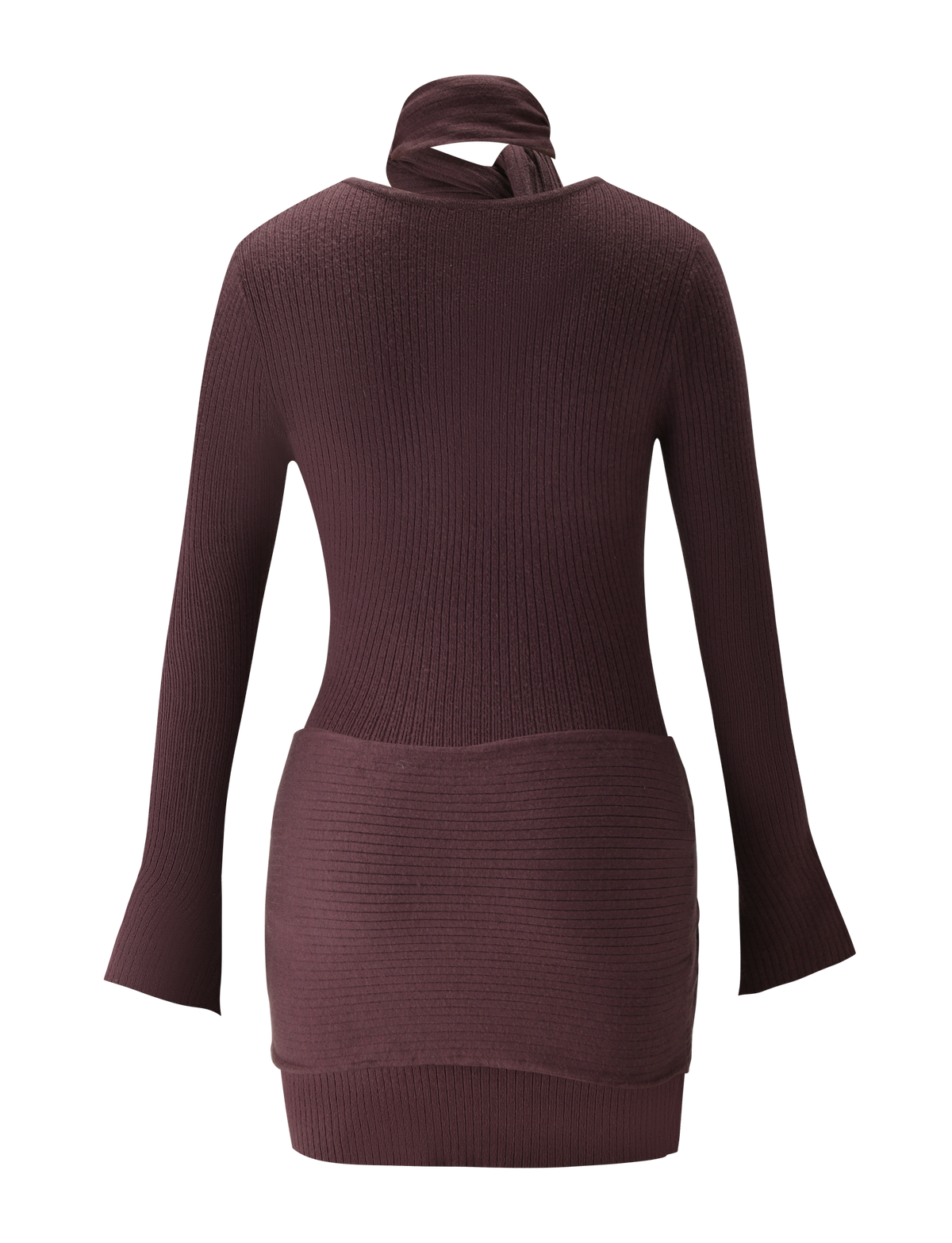 The TIGERMIST RENNER MINI DRESS in chocolate, shown from the back, features ribbed-knit fabric, a high neck with tie detail, and a fitted silhouette—offering both style and comfort for any occasion.