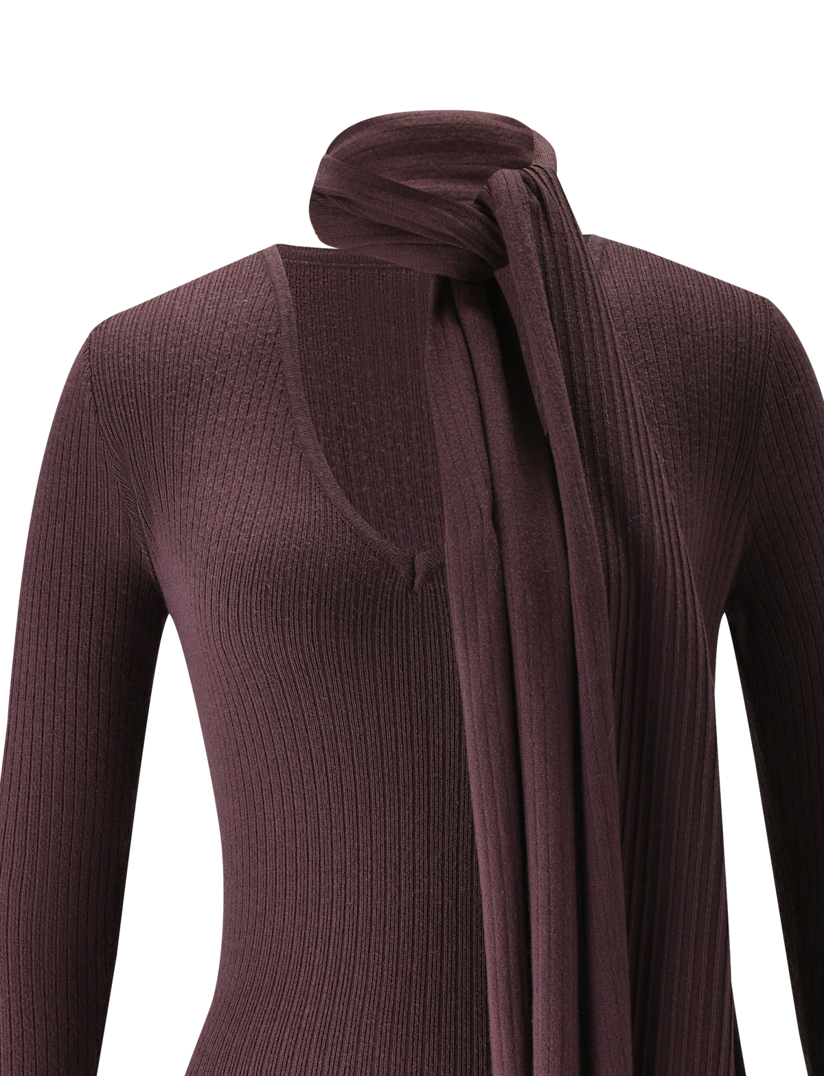 The TIGERMIST RENNER MINI DRESS in chocolate is a ribbed, long-sleeve knit dress with a V-neckline and comes with a matching scarf tied loosely around the neck.