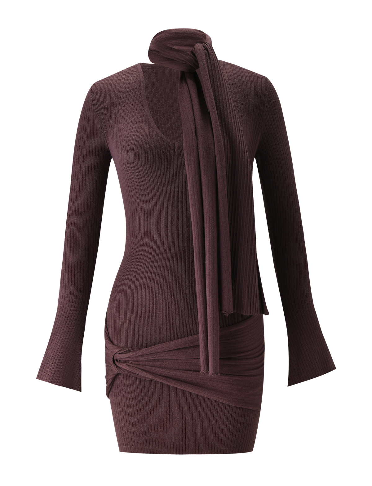 The RENNER MINI DRESS by TIGERMIST is a chocolate long sleeve sweater dress with ribbed knit fabric, an attached matching scarf, and an asymmetric ruched skirt hem.