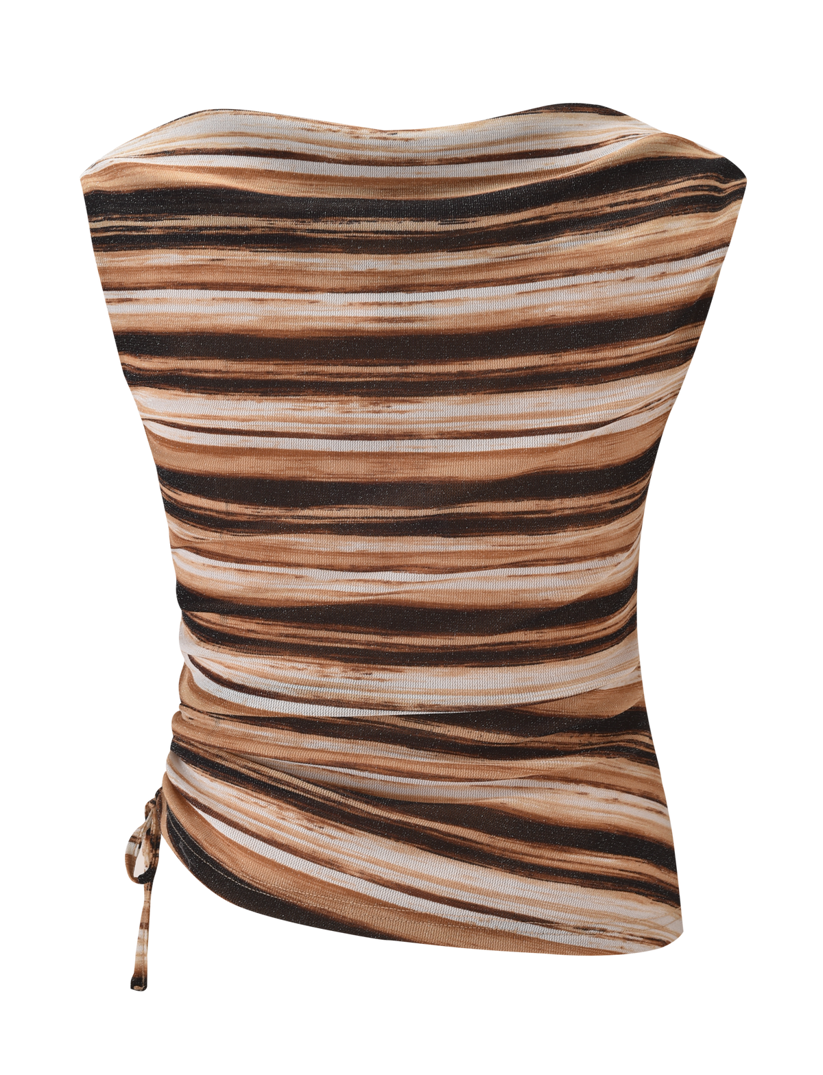 The TIGERMIST BRAELYN TOP - BROWN STRIPE is a strapless, fitted lurex top with gathered detail on one side and horizontal brown, beige, and white stripes.