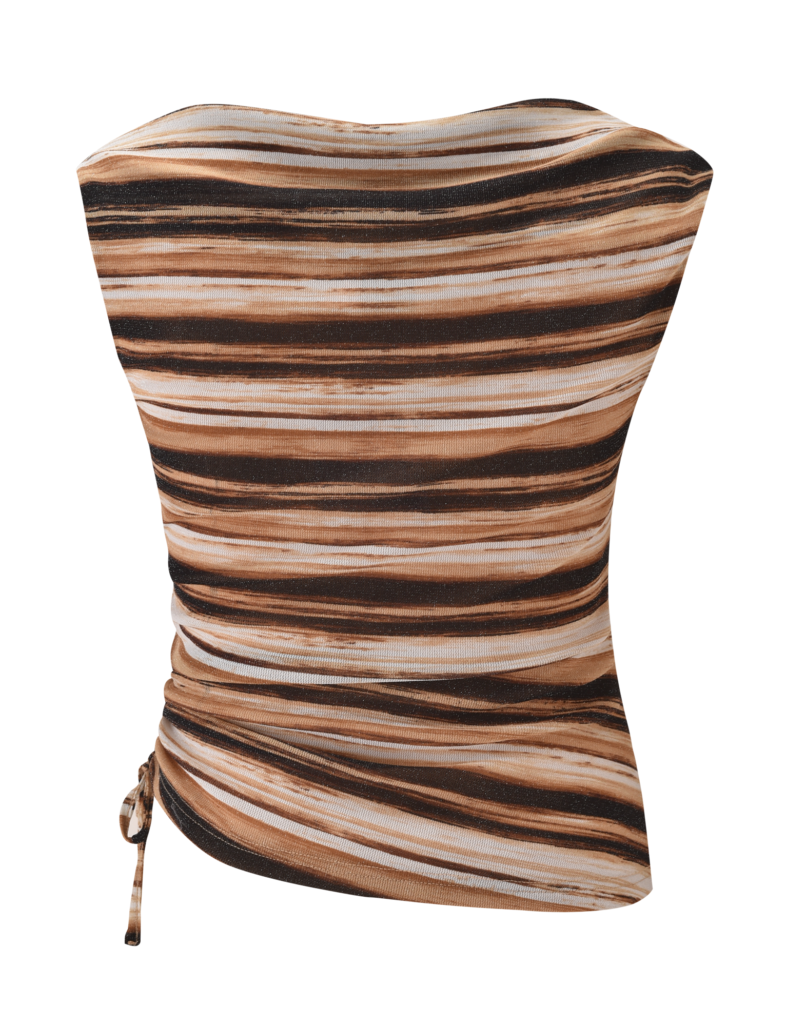The TIGERMIST BRAELYN TOP - BROWN STRIPE is a strapless, fitted lurex top with gathered detail on one side and horizontal brown, beige, and white stripes.