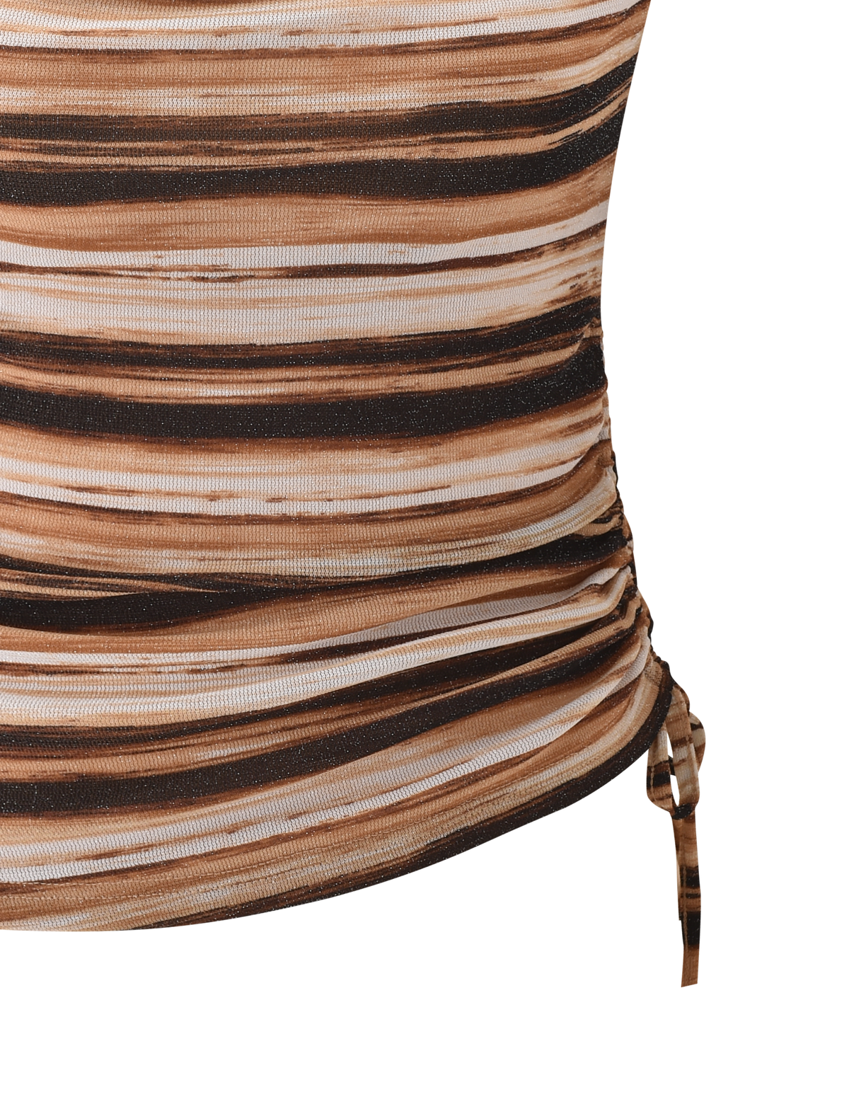 Close-up of the TIGERMIST BRAELYN TOP - BROWN STRIPE, a ruched lurex top with horizontal brown, tan, and black stripes and a side drawstring detail.