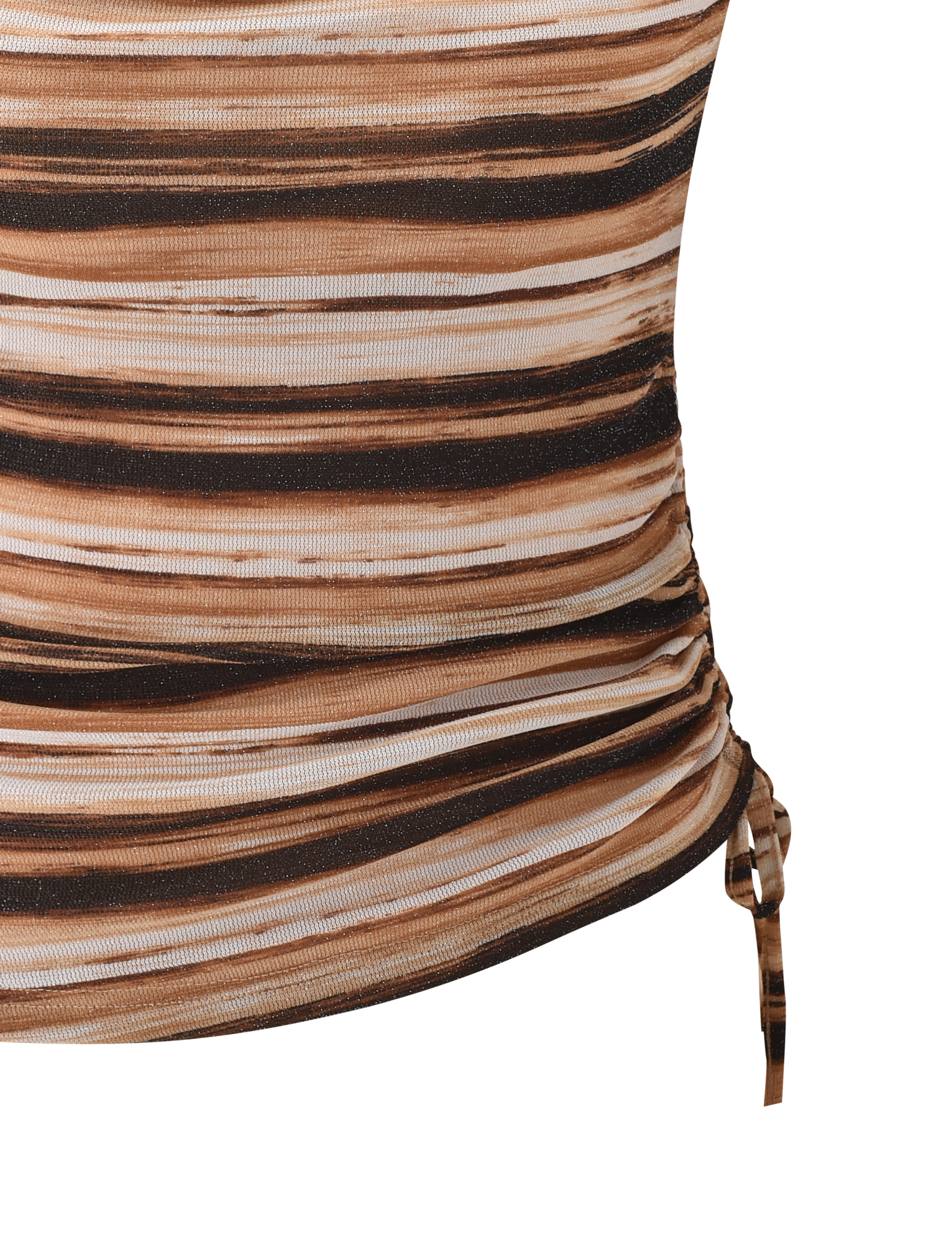 Close-up of the TIGERMIST BRAELYN TOP - BROWN STRIPE, a ruched lurex top with horizontal brown, tan, and black stripes and a side drawstring detail.